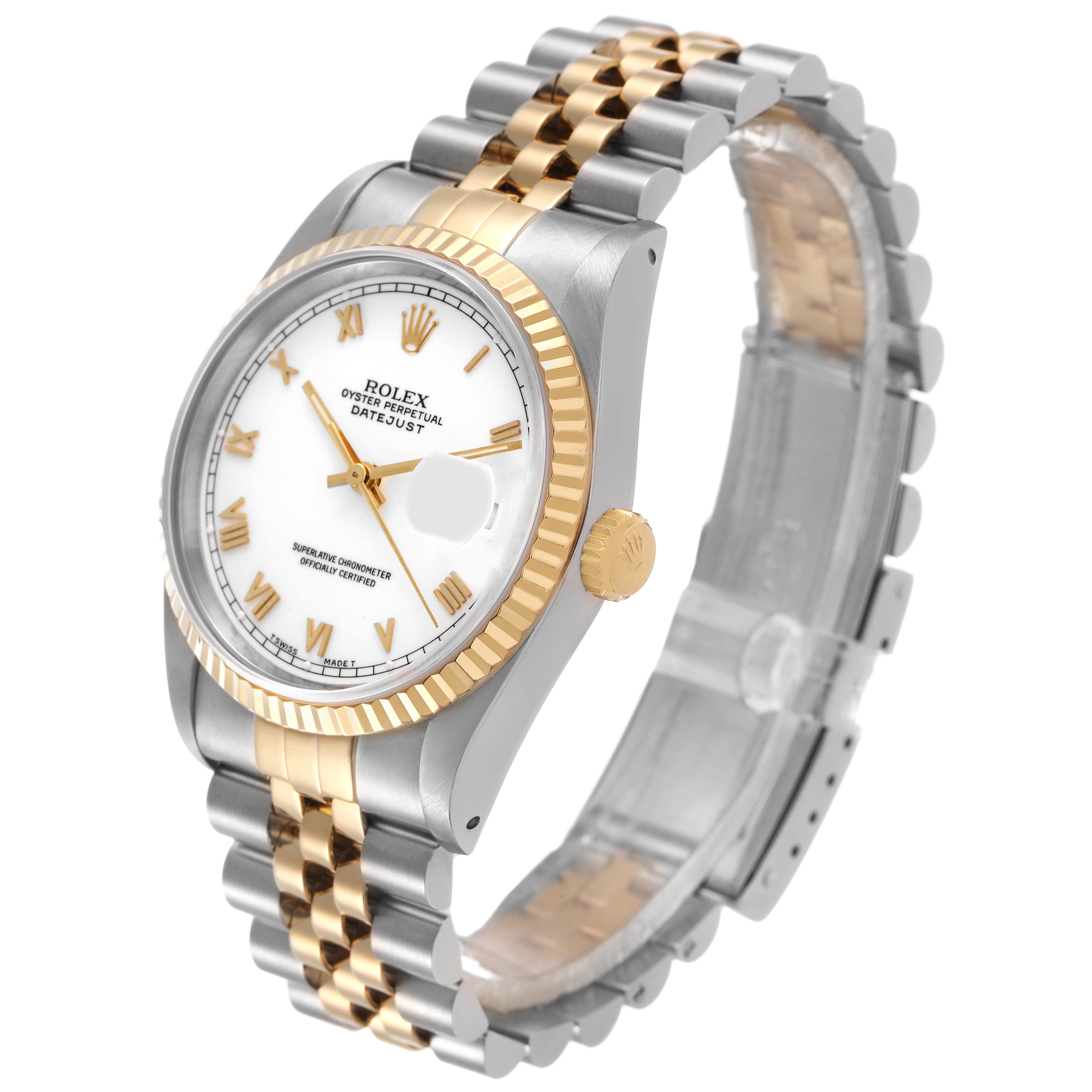 The Rolex Datejust 16233 Men's Steel and Gold (two tone) White Dial watch is shown at a three-quarter angle, displaying the face, fluted bezel, and Jubilee bracelet.