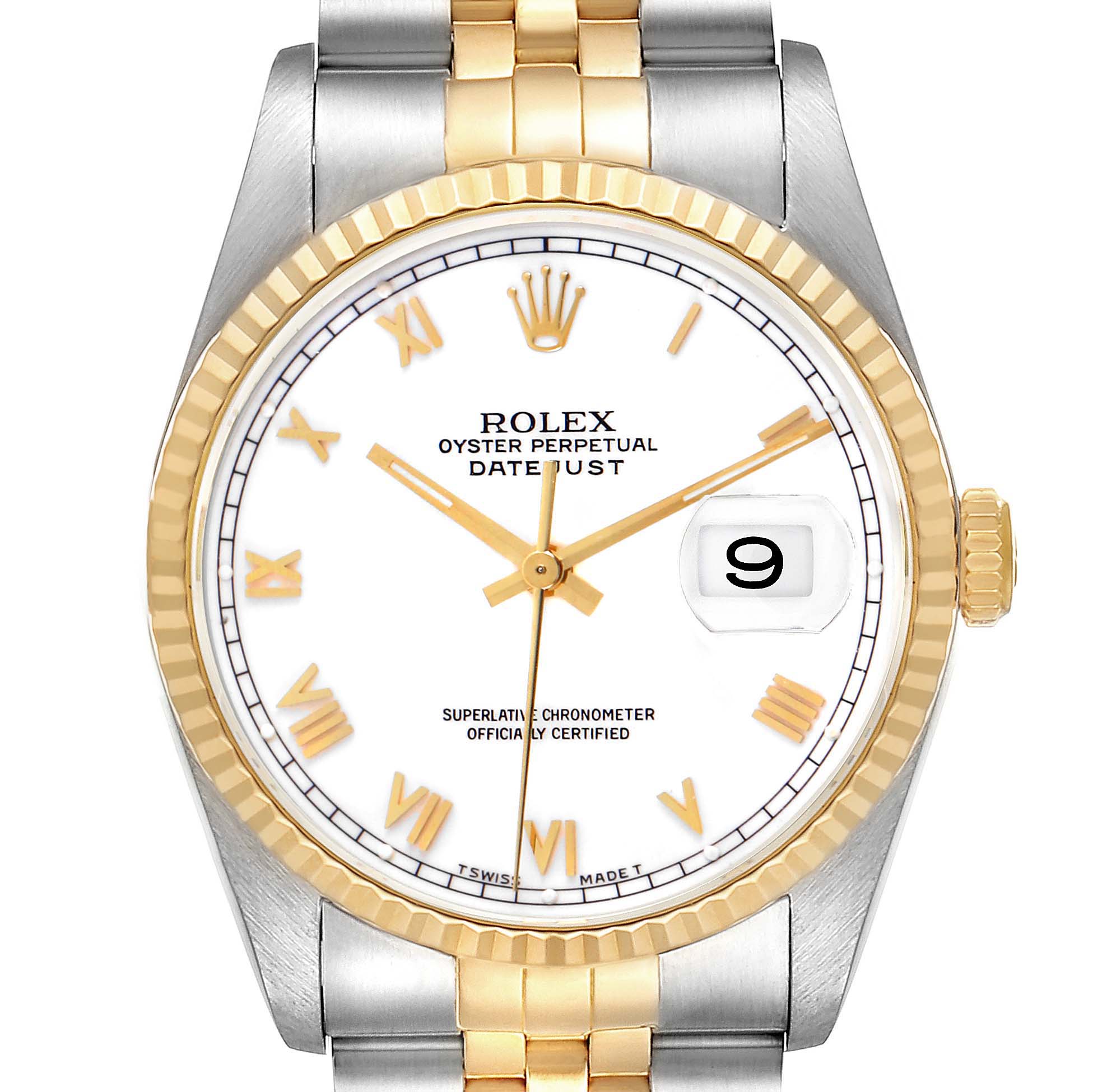 The Rolex Datejust 16233 Men's Steel and Gold (two tone) White Dial watch is shown from the front, highlighting the dial, bezel, and part of the bracelet.