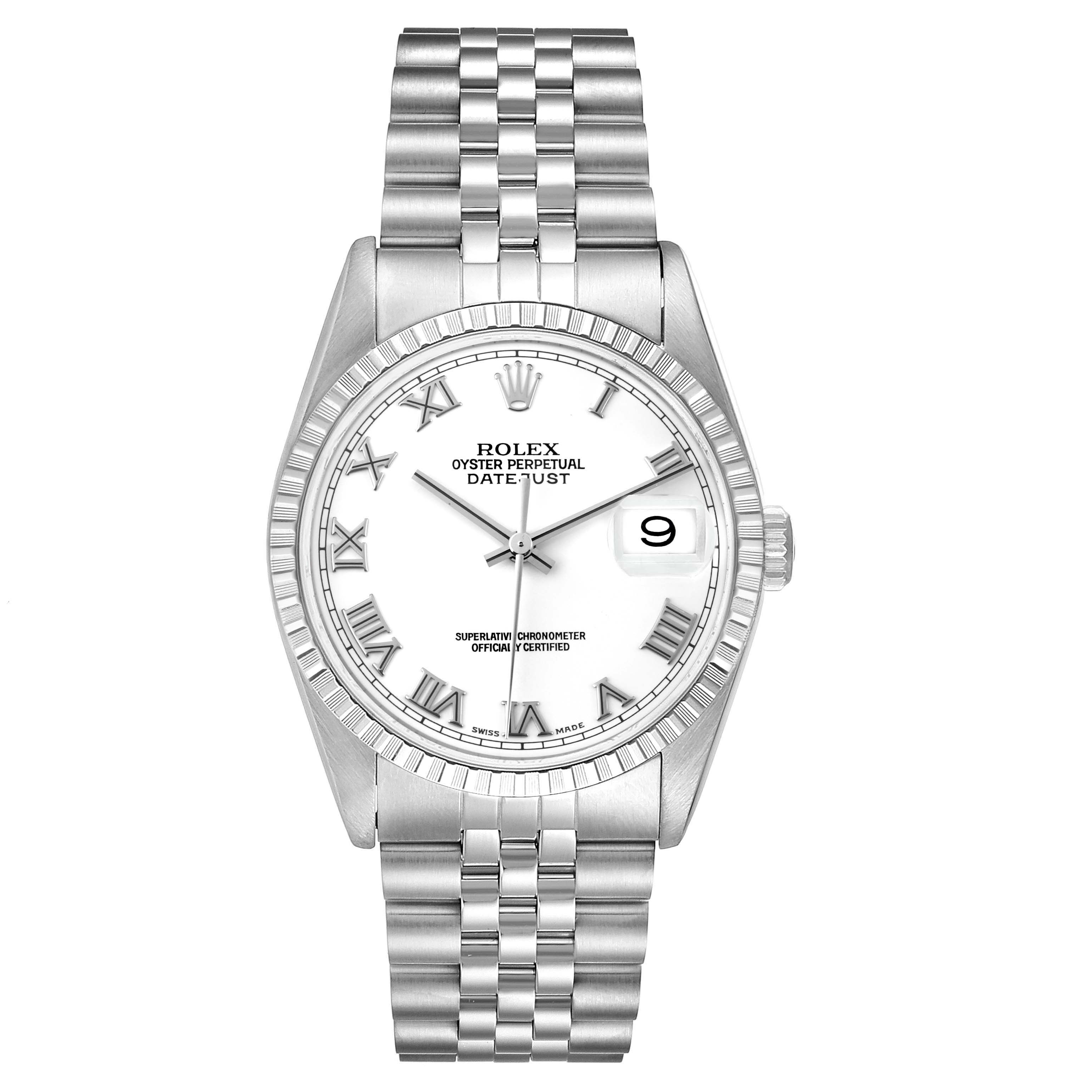 This is a front view of the Rolex Datejust 16220 Men's Stainless Steel White Dial 16220 Men's Stainless Steel White Dial watch, showing the dial, bezel, and bracelet.