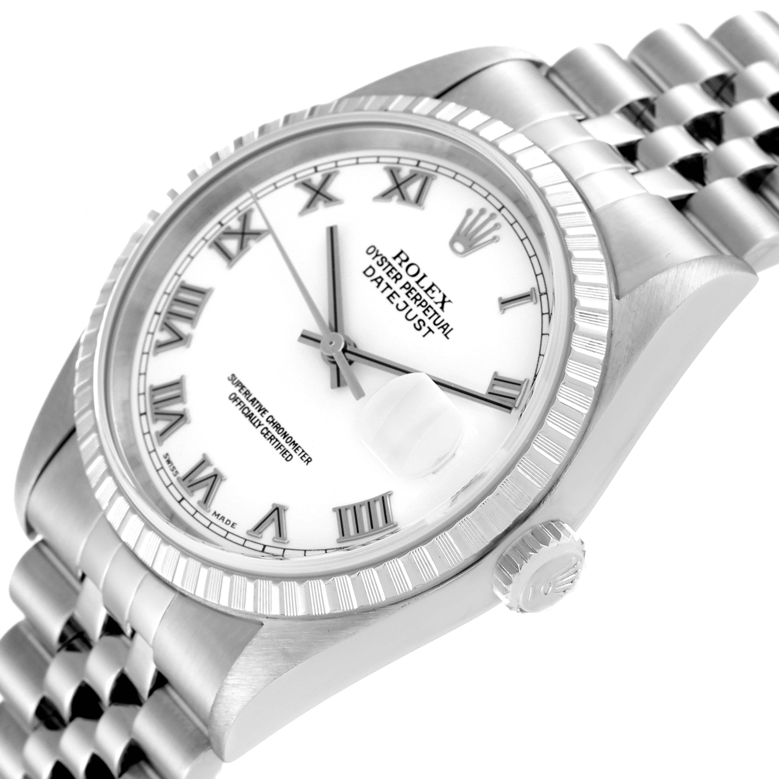 The image features a close-up of a Rolex Datejust 16220 Men's Stainless Steel White Dial 16220 Men's Stainless Steel White Dial watch, highlighting its face, fluted bezel, crown, and Jubilee bracelet at an angled view.
