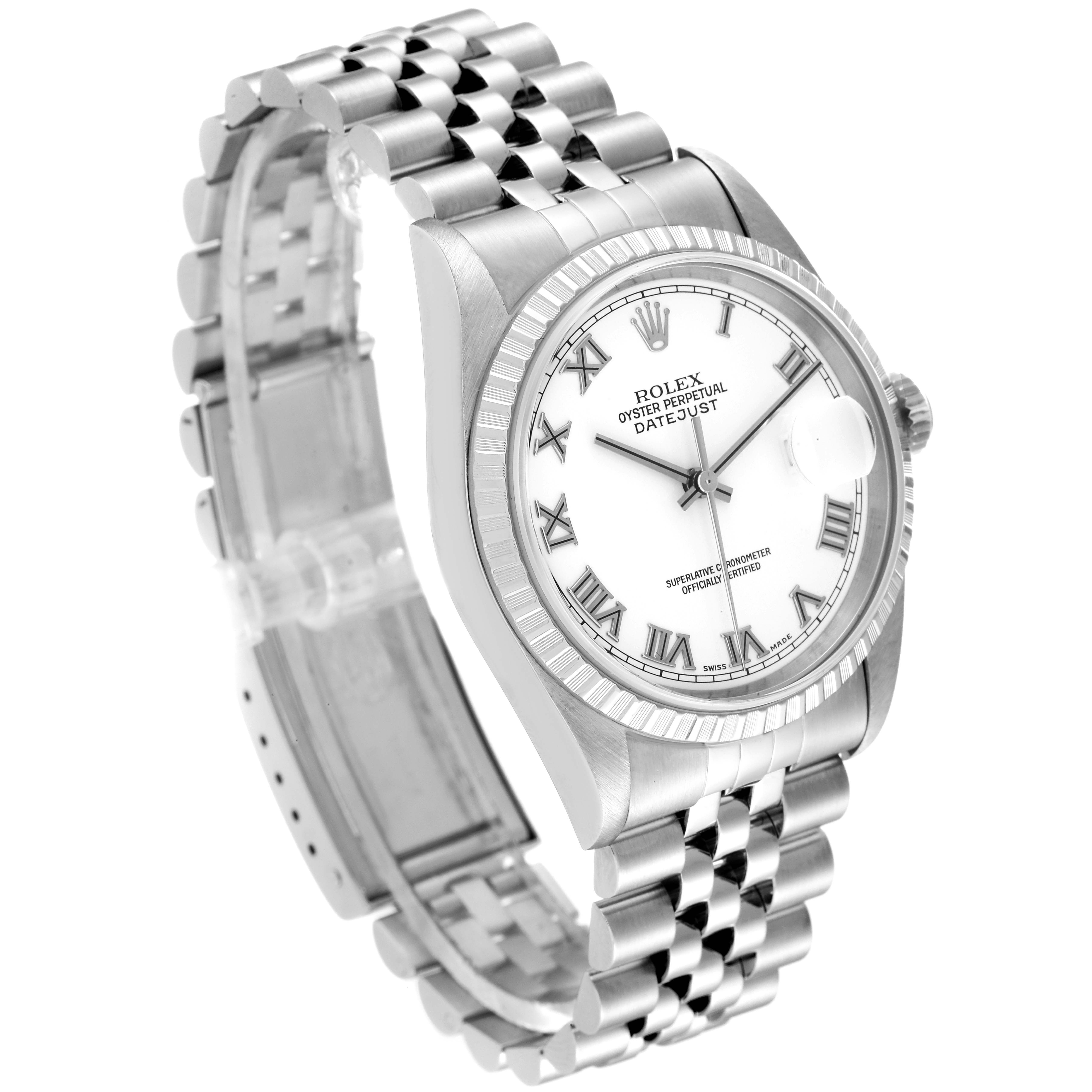 The Rolex Datejust 16220 Men's Stainless Steel White Dial 16220 Men's Stainless Steel White Dial watch is shown at a three-quarter angle, highlighting the face, bezel, and Jubilee bracelet.