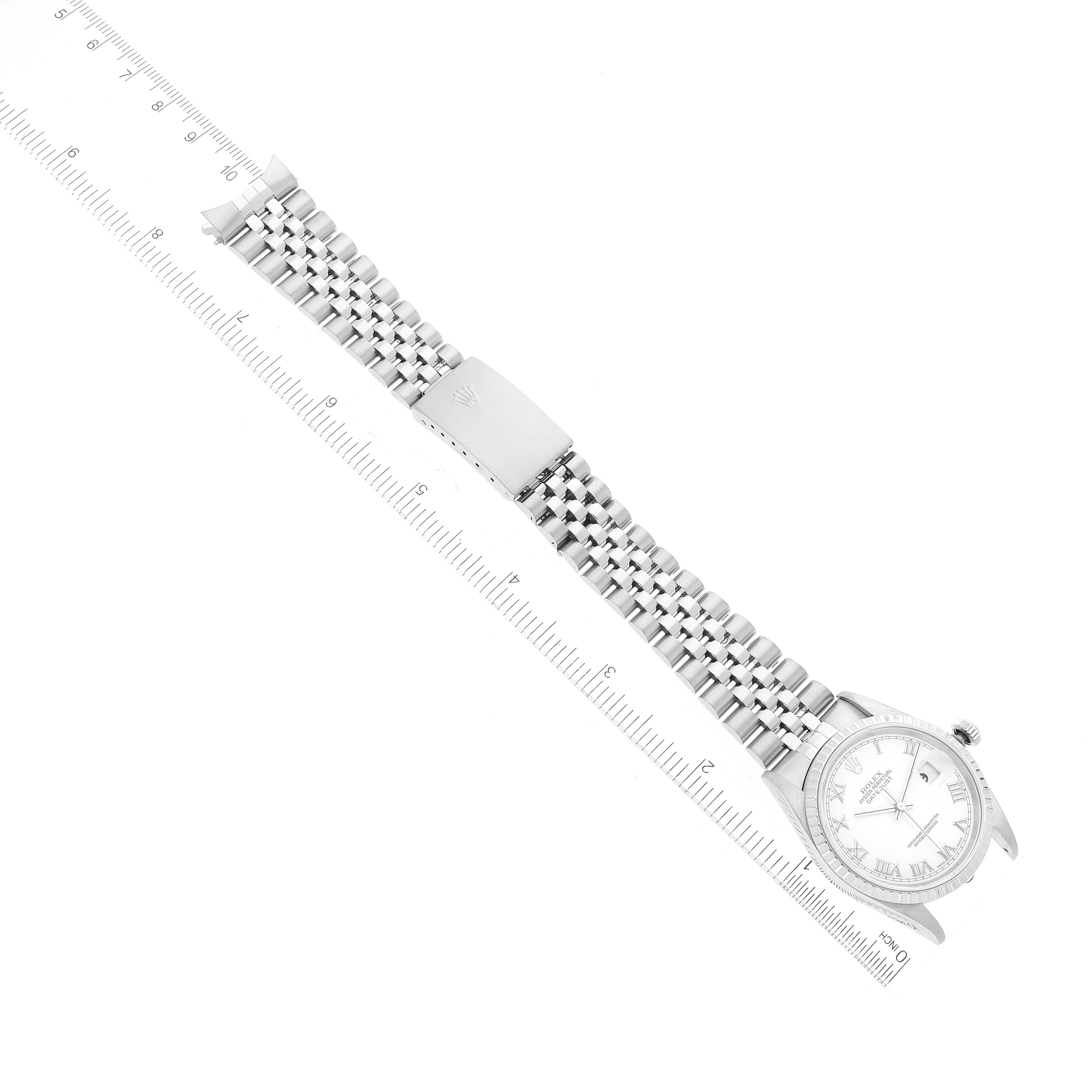 The image shows a Rolex Datejust 16220 Men's Stainless Steel White Dial 16220 Men's Stainless Steel White Dial watch laid flat, highlighting the dial, jubilee bracelet, and clasp.