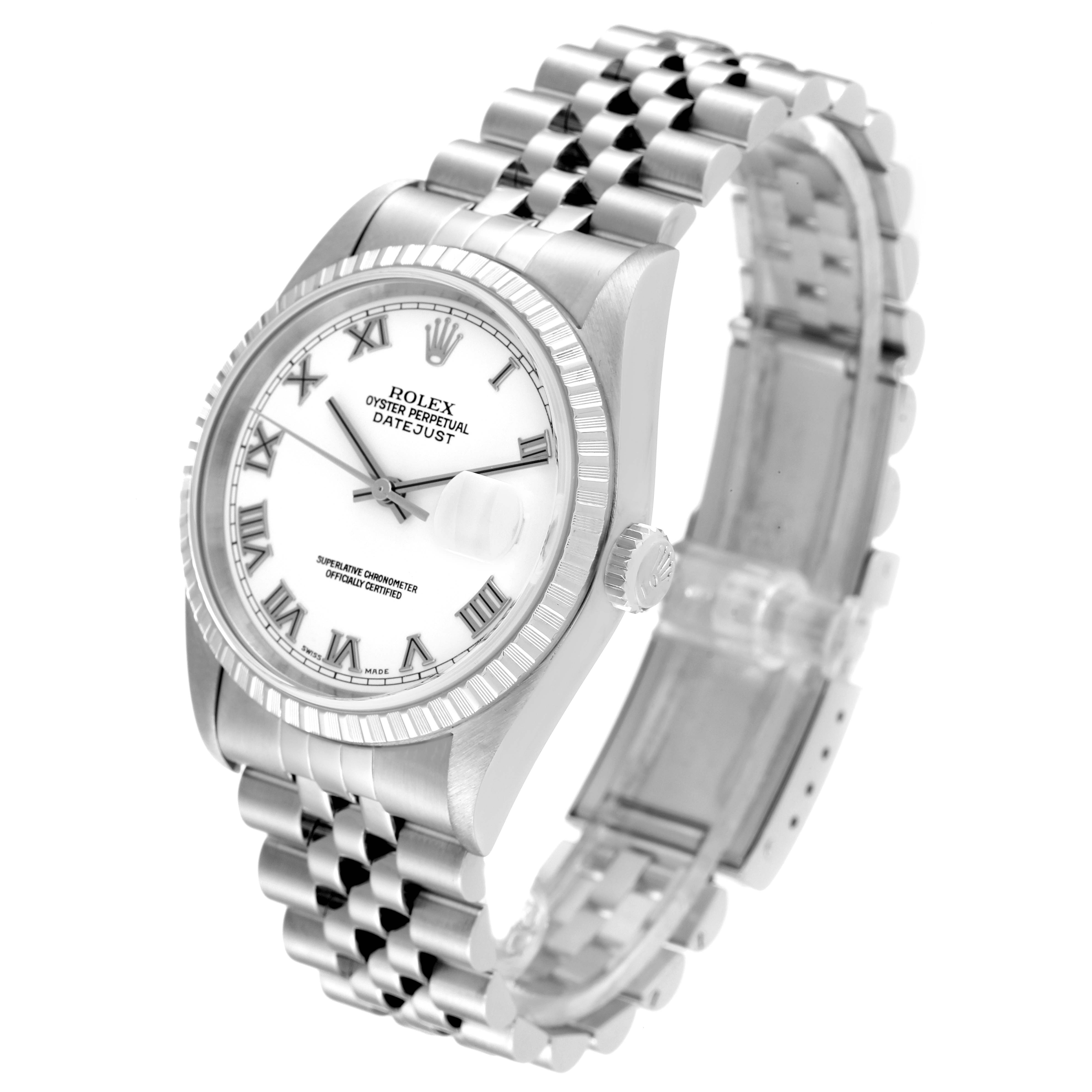 The image shows a Rolex Datejust 16220 Men's Stainless Steel White Dial 16220 Men's Stainless Steel White Dial watch at an angled side view, highlighting the face, bezel, crown, and bracelet.