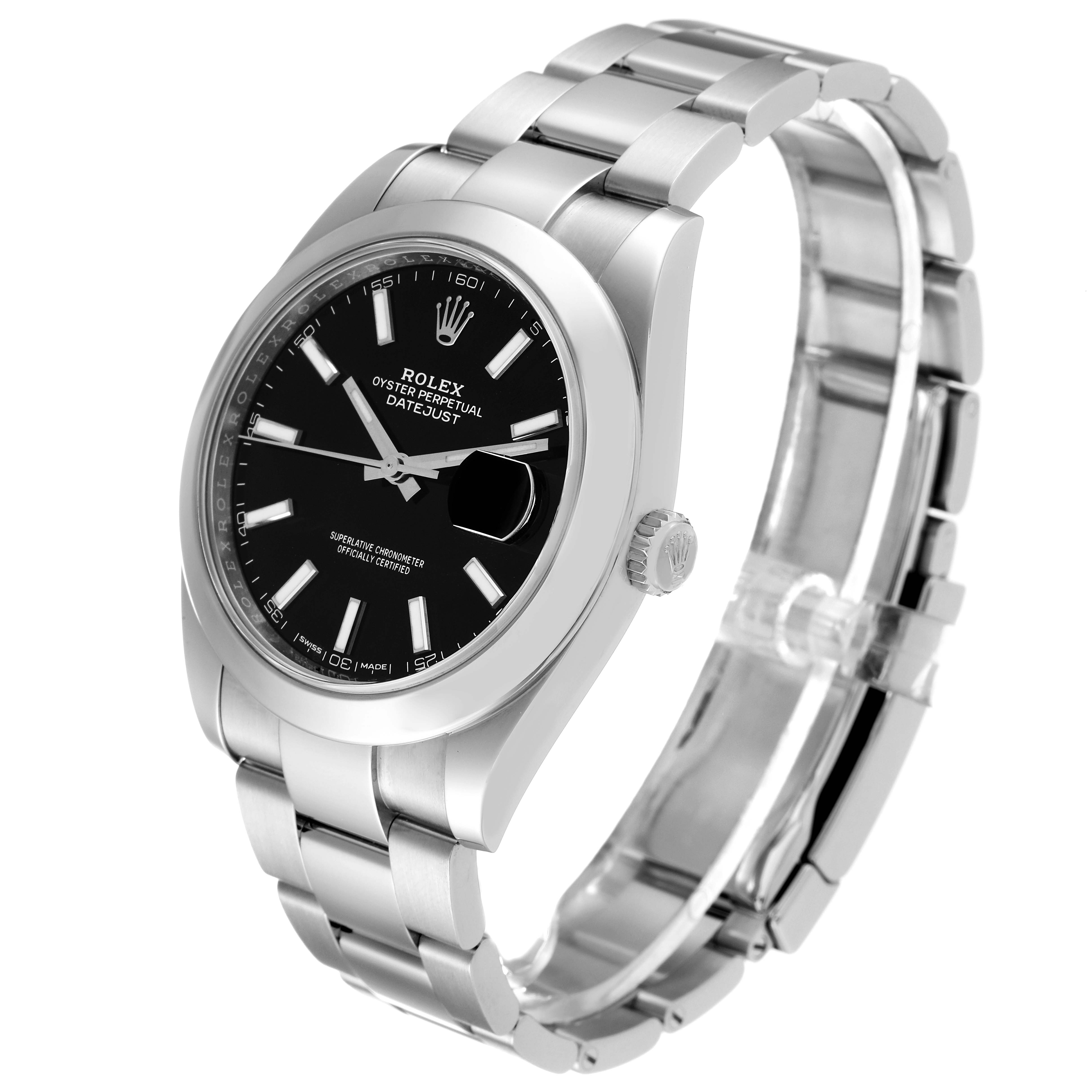 This image shows the Rolex Datejust 41 126300 Men
s Stainless Steel Black Dial 126300 Men
s Stainless Steel Black Dial watch at a three-quarter angle, highlighting the face, bezel, crown, and bracelet.