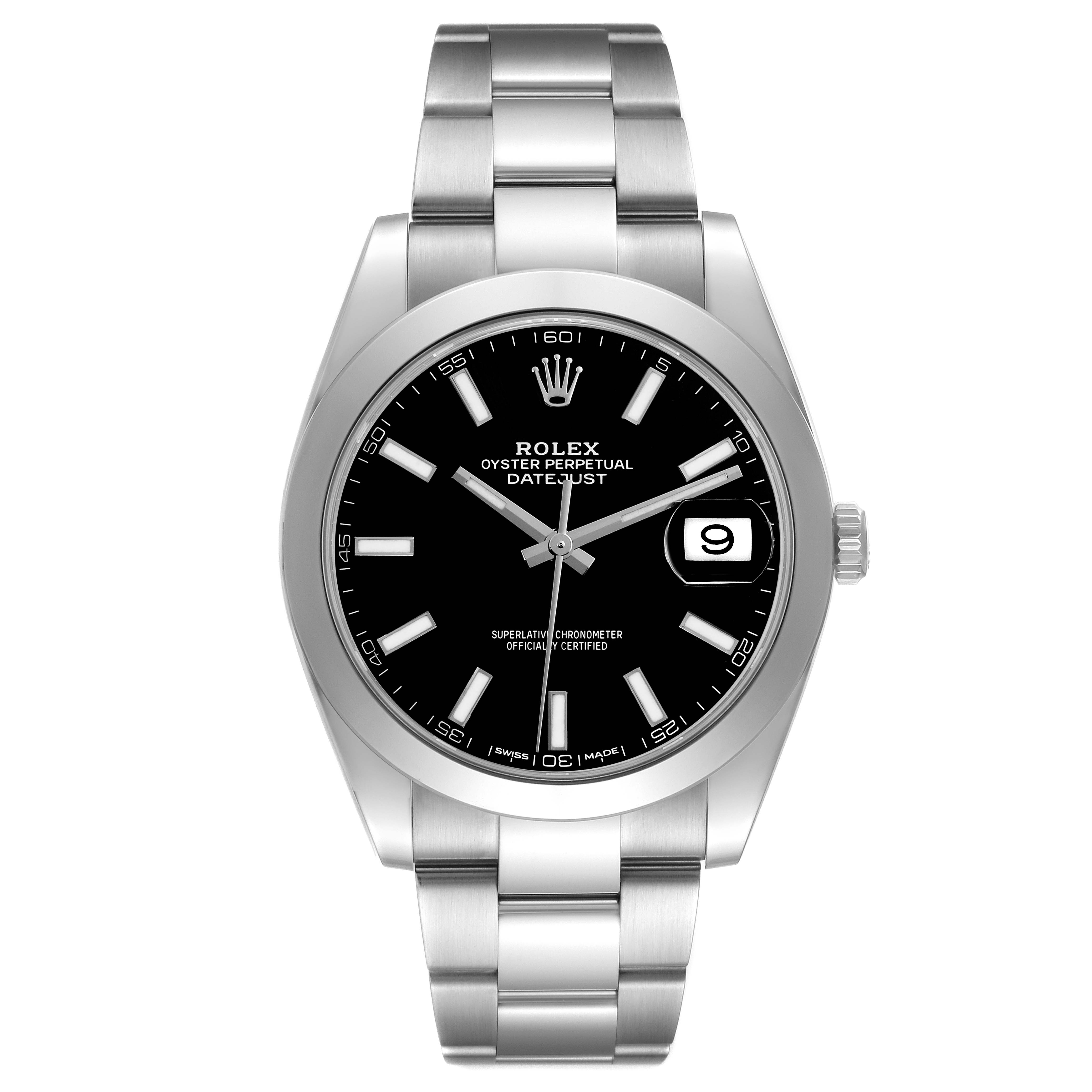 The image shows a front view of a Rolex Datejust 41 126300 Men
s Stainless Steel Black Dial 126300 Men
s Stainless Steel Black Dial watch, showcasing its black dial, date window, and stainless steel bracelet.
