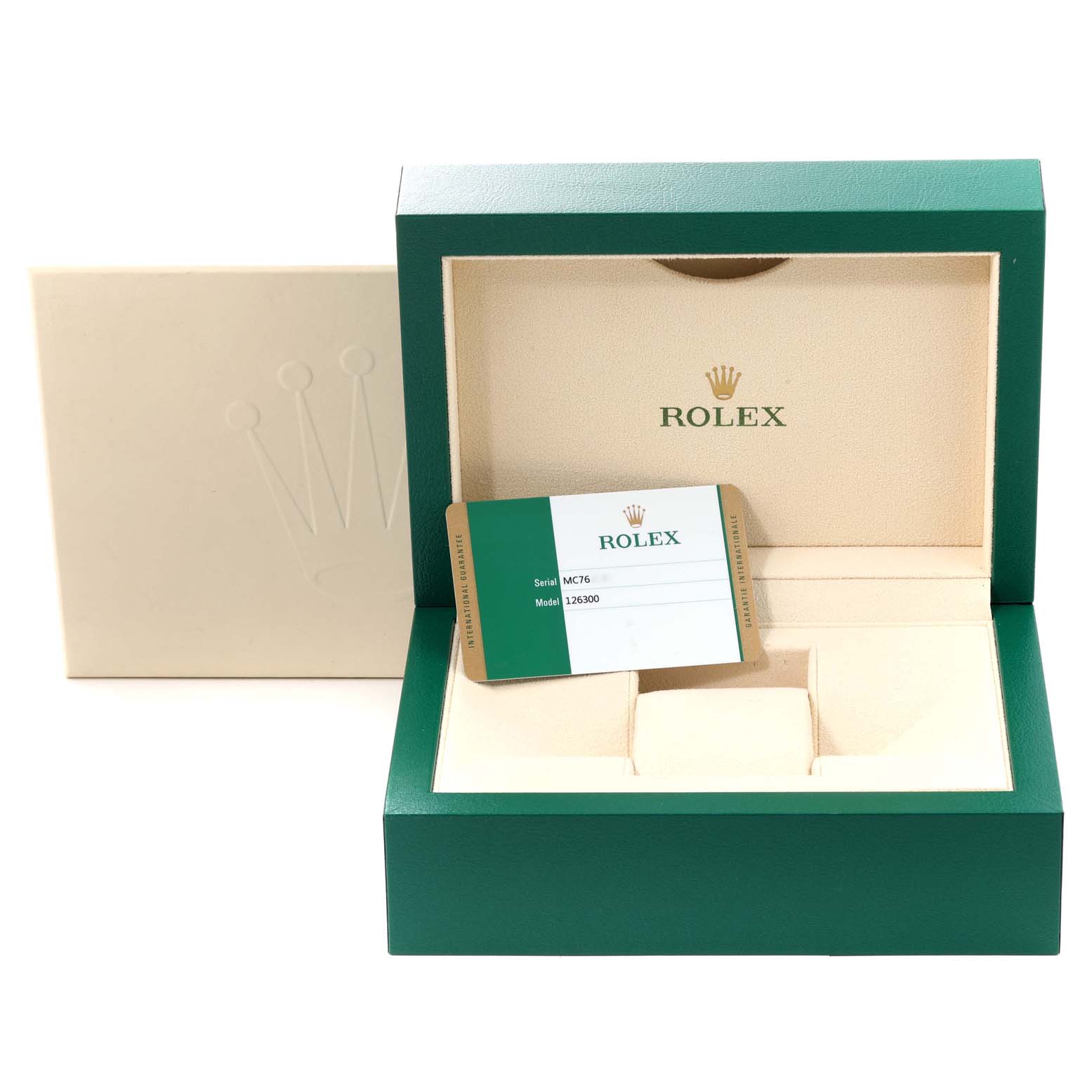 The image shows the Rolex Datejust 41 126300 Men
s Stainless Steel Black Dial 126300 Men
s Stainless Steel Black Dial
s open green box and warranty card viewed from the front.
