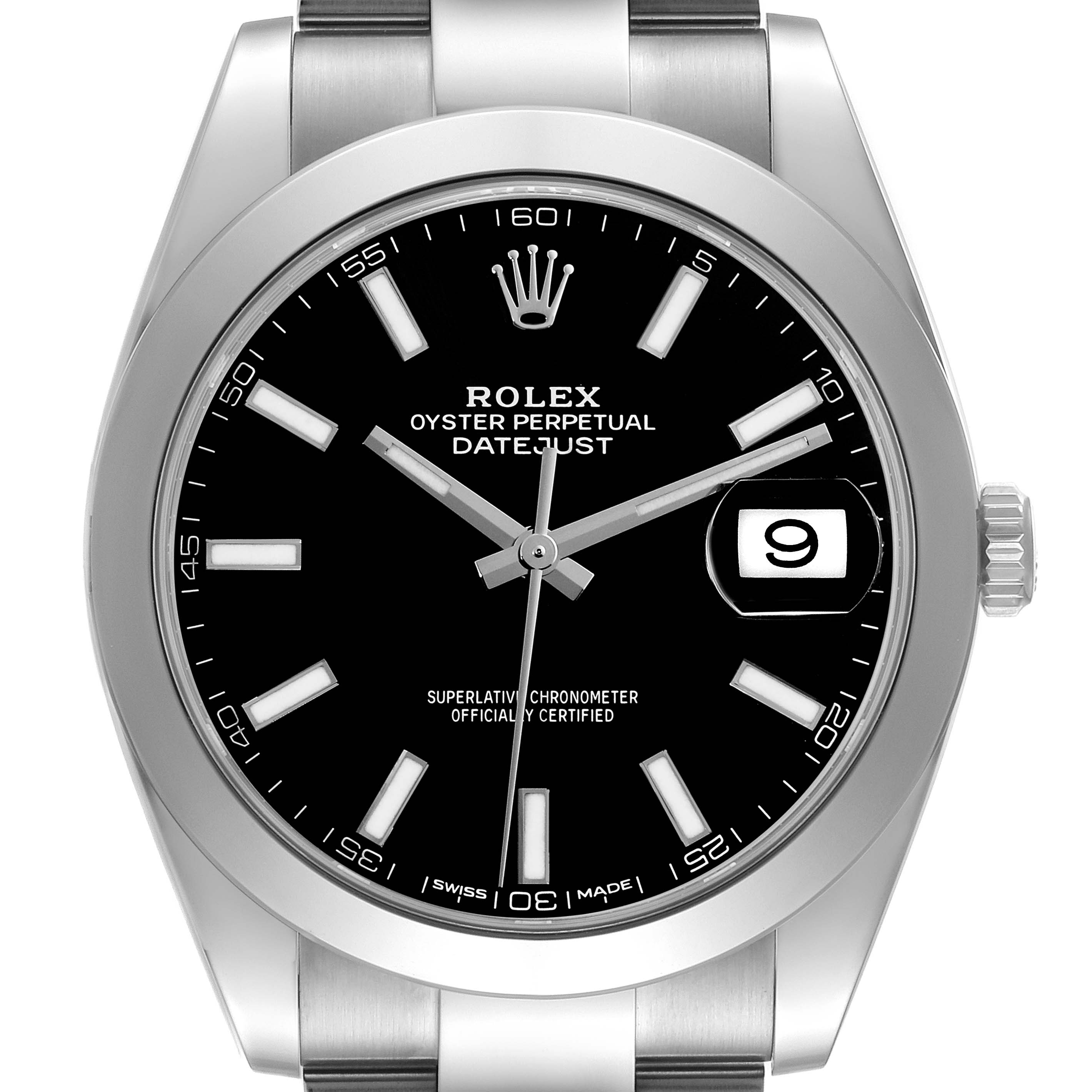 This Rolex Datejust 41 126300 Men
s Stainless Steel Black Dial 126300 Men
s Stainless Steel Black Dial model is shown from the front, highlighting its black dial, silver hour markers, and date window at 3 o
clock.