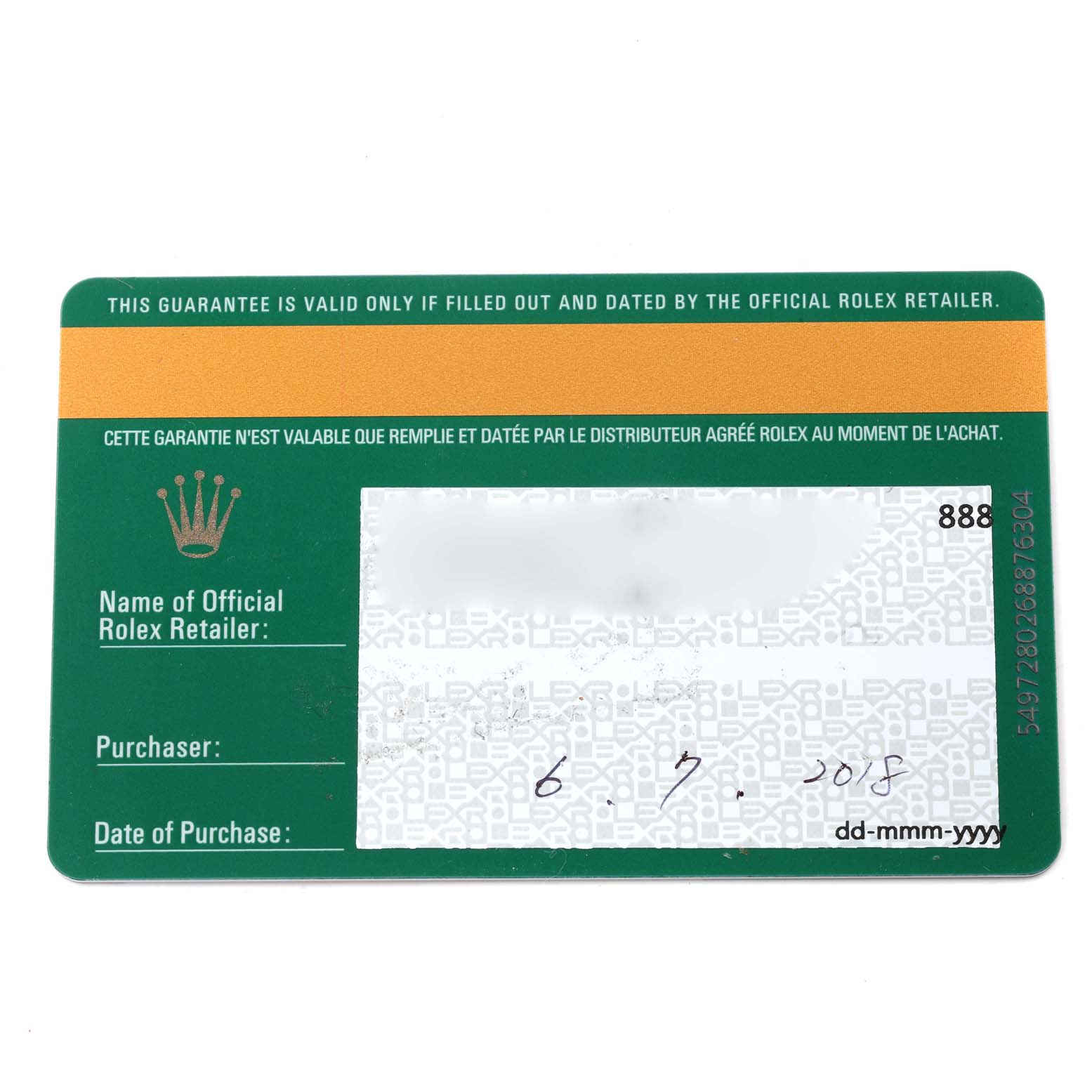 This image shows a purchased guarantee card for the Rolex Datejust 41 126300 Men
s Stainless Steel Black Dial 126300 Men
s Stainless Steel Black Dial model.