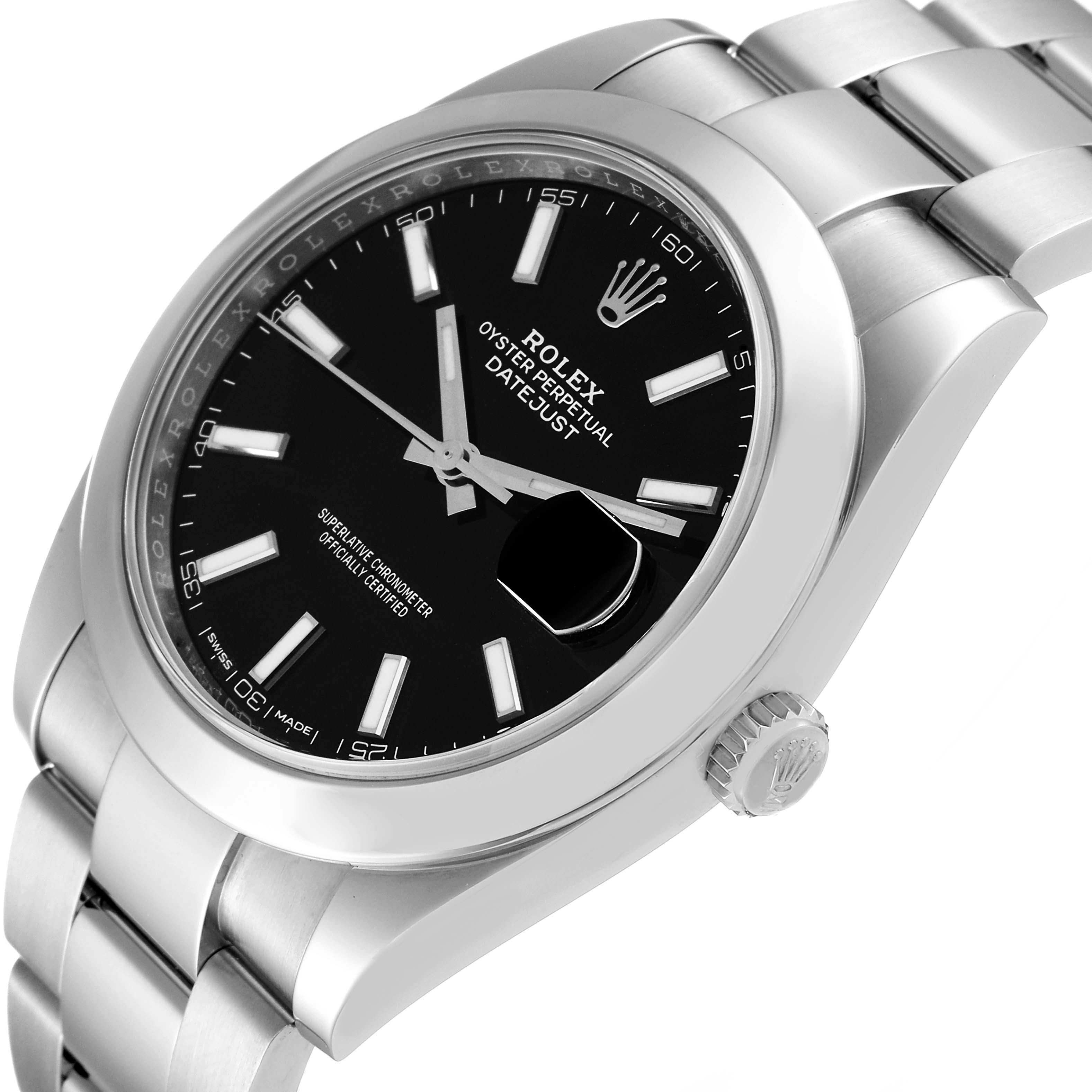 The image shows a side view of the Rolex Datejust 41 126300 Men
s Stainless Steel Black Dial 126300 Men
s Stainless Steel Black Dial, highlighting its black dial, bezel, and bracelet.