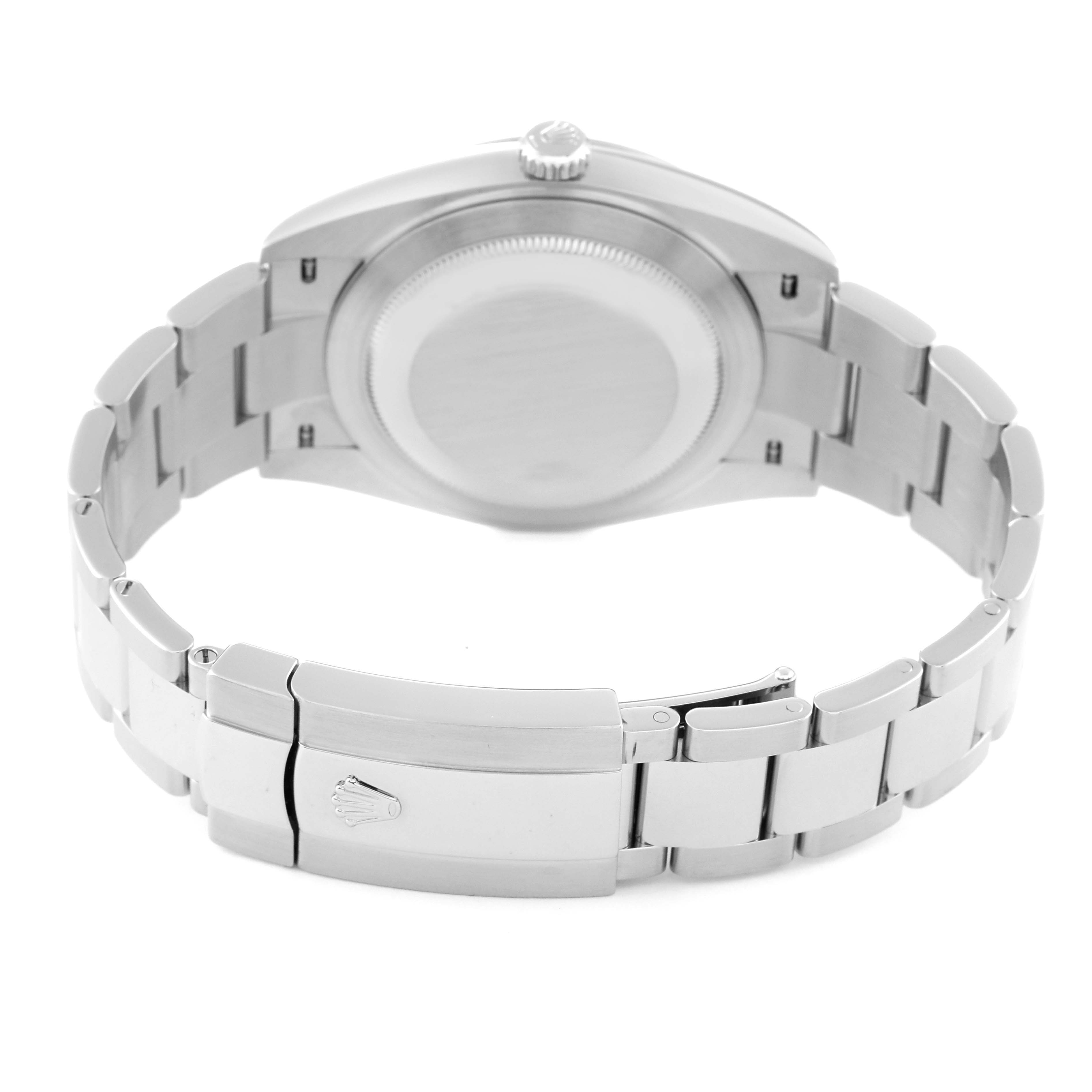 The back view of the Rolex Datejust 41 126300 Men
s Stainless Steel Black Dial 126300 Men
s Stainless Steel Black Dial watch shows its closed bracelet and clasp.