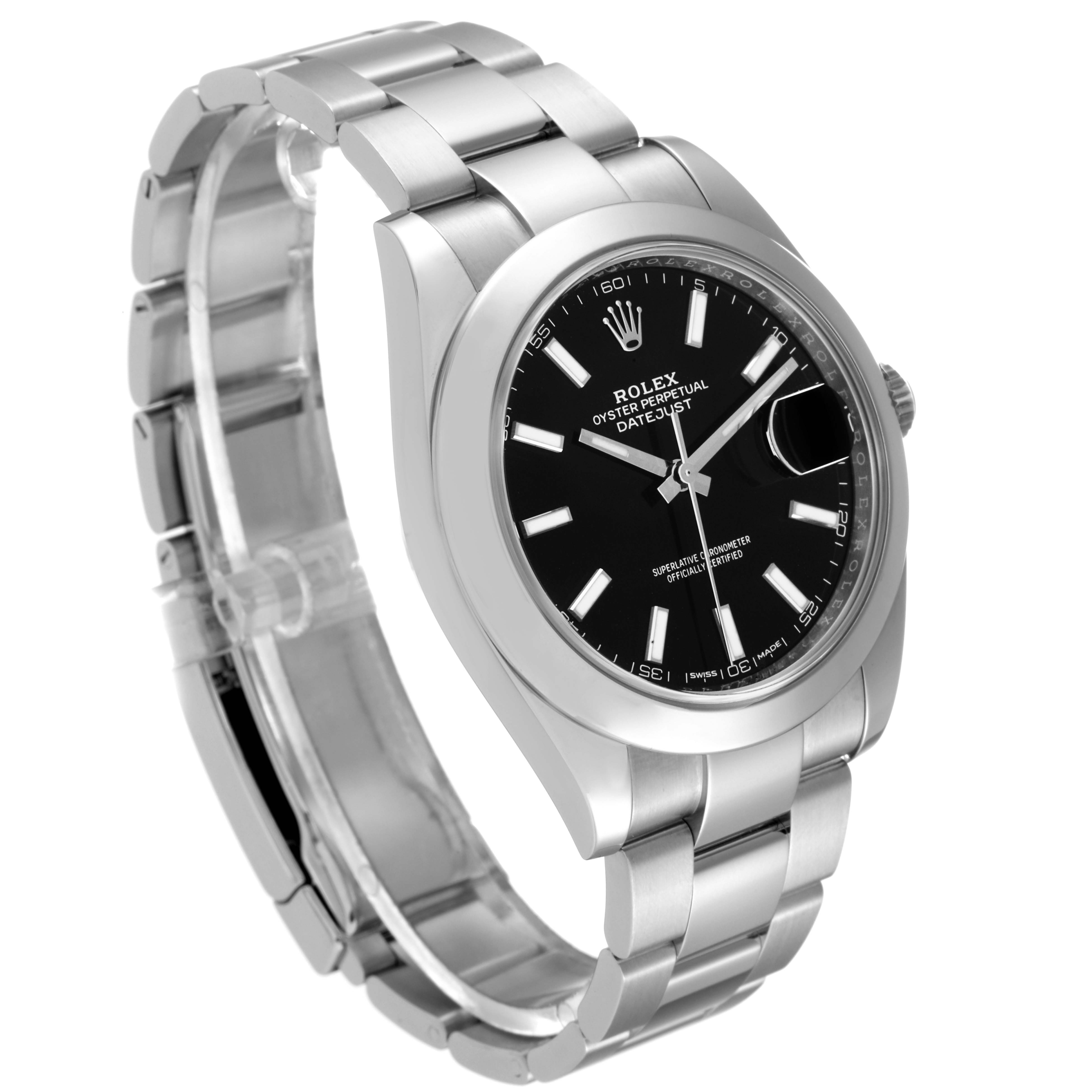 The image shows a Rolex Datejust 41 126300 Men
s Stainless Steel Black Dial 126300 Men
s Stainless Steel Black Dial watch at an angle highlighting its stainless steel band and black dial.
