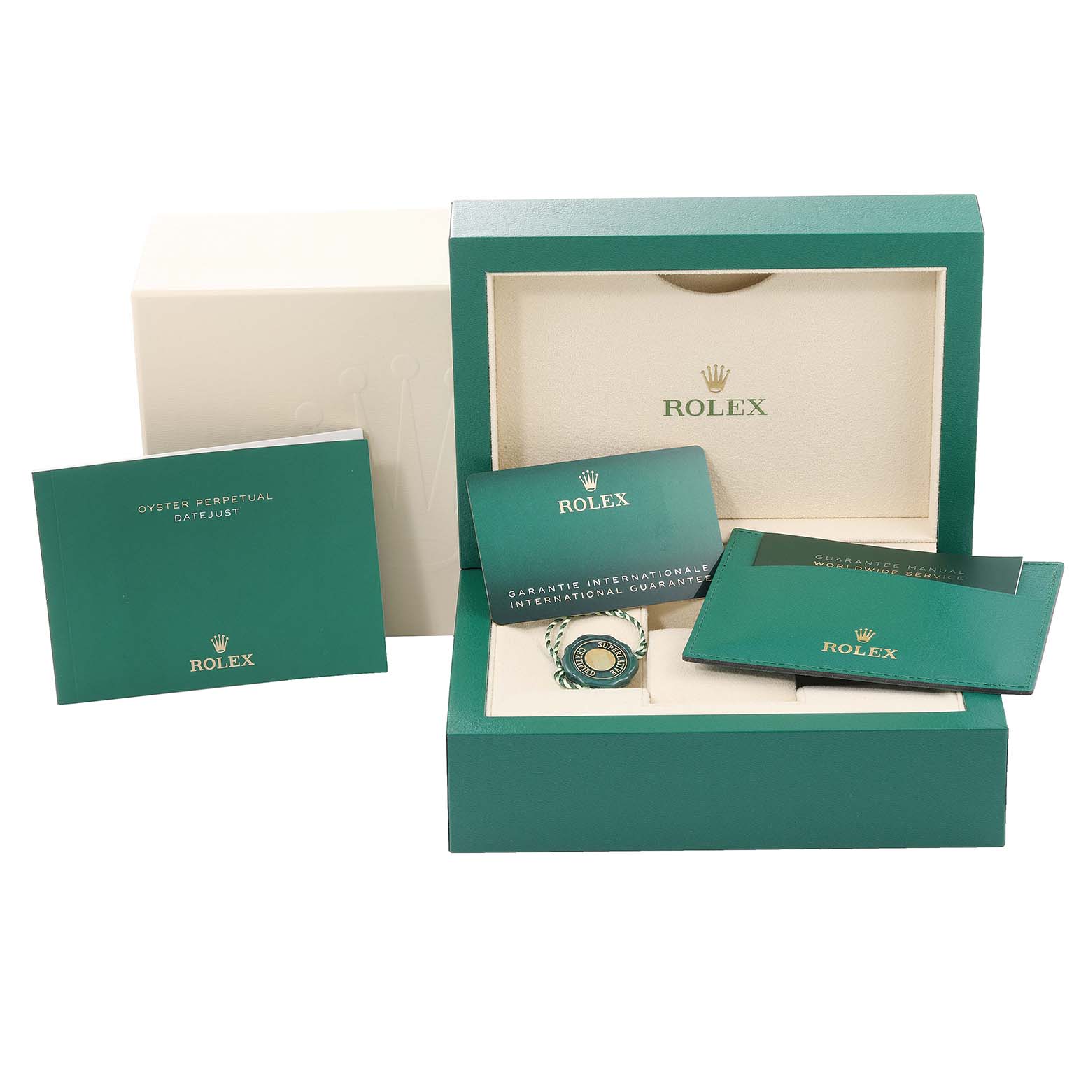 The image shows a Rolex Datejust 41 126331 Men's Steel and Gold (two tone) Beige Dial 126331 Men's Steel and Gold (two tone) Beige Dial box, warranty card, manual, and tag from a front angle.