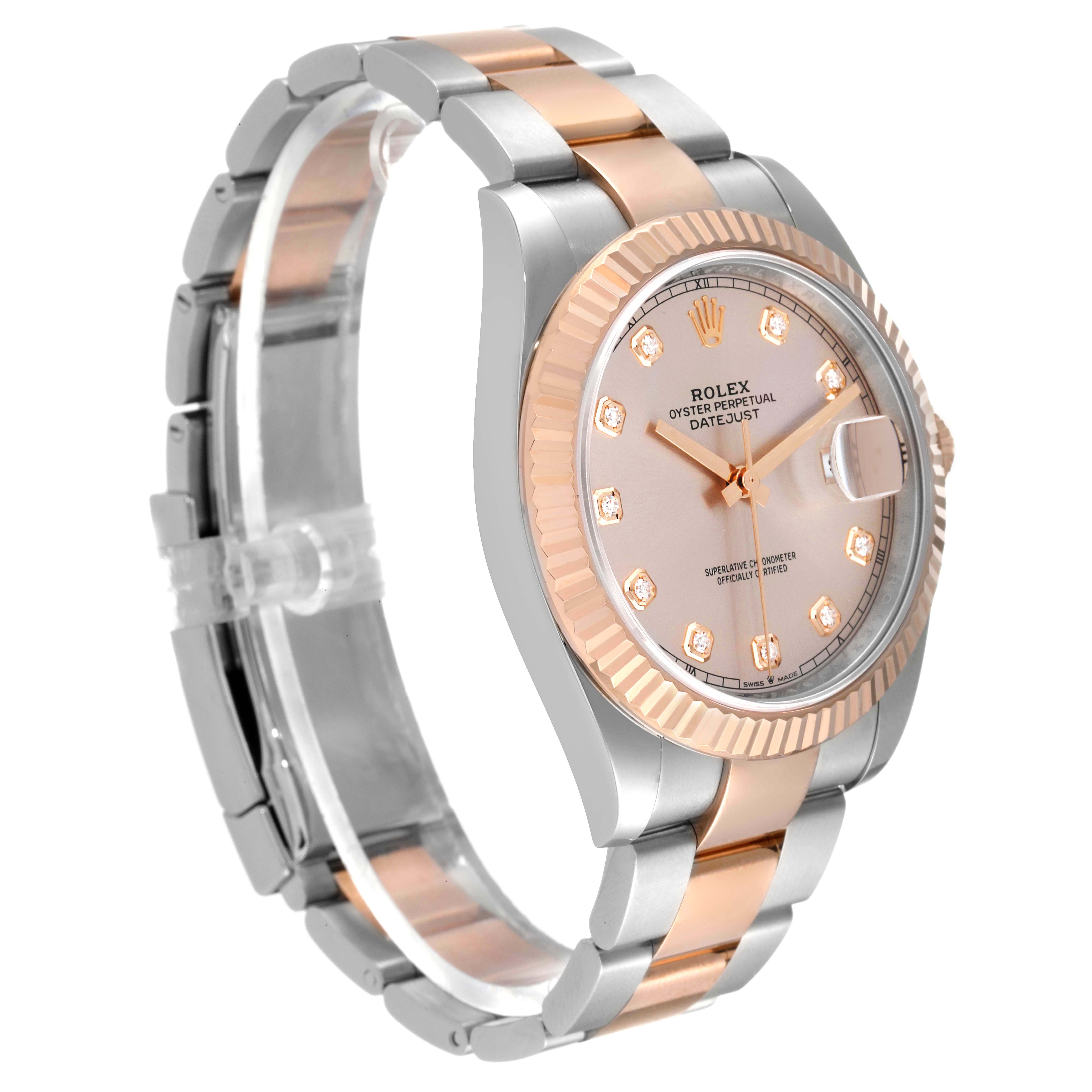 The image shows a side angle of the Rolex Datejust 41 126331 Men's Steel and Gold (two tone) Beige Dial 126331 Men's Steel and Gold (two tone) Beige Dial watch, highlighting its two-tone bracelet and diamond-accented dial.