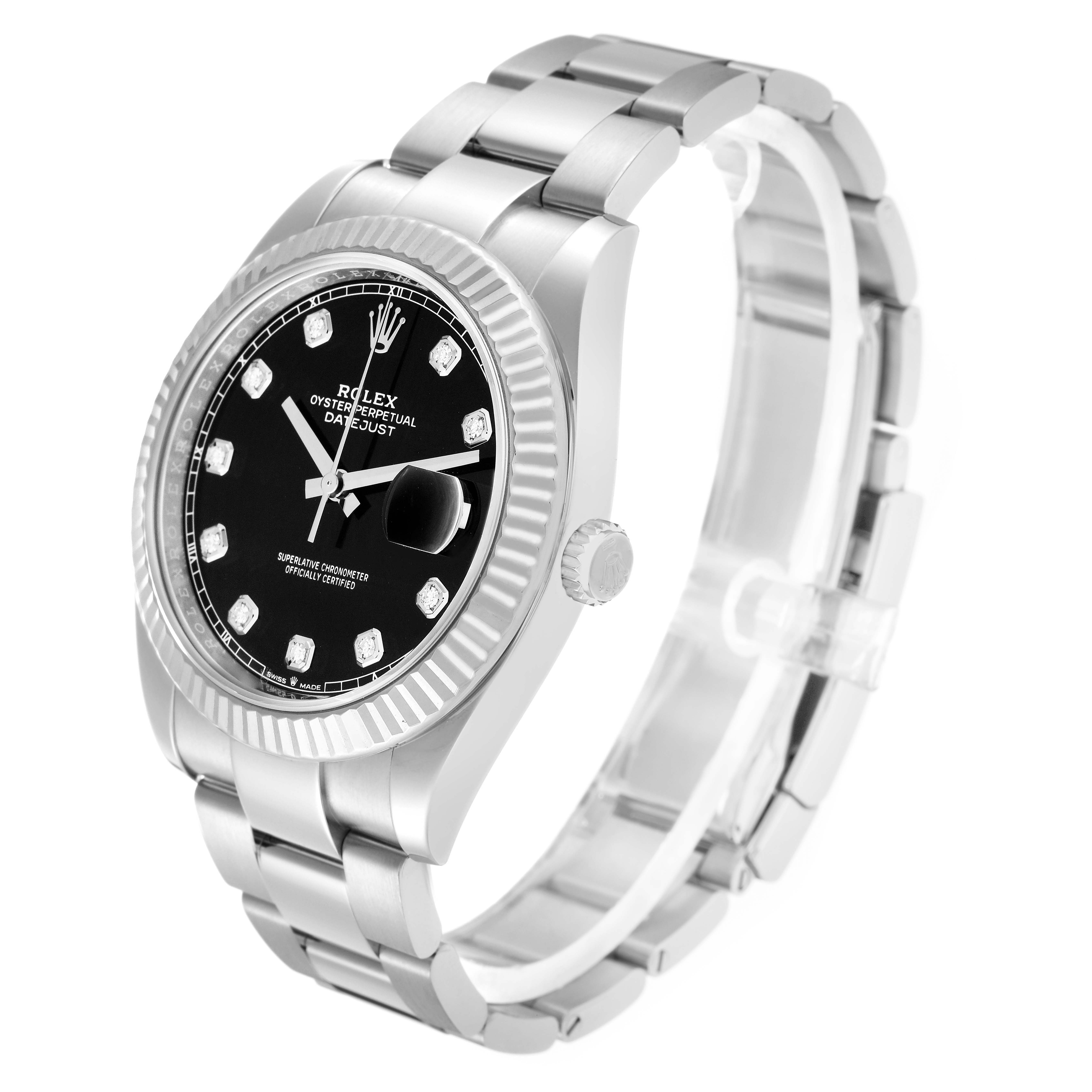 The image shows a Rolex Datejust 41, model number 126334, at an angled view highlighting the face, bezel, crown, and bracelet.