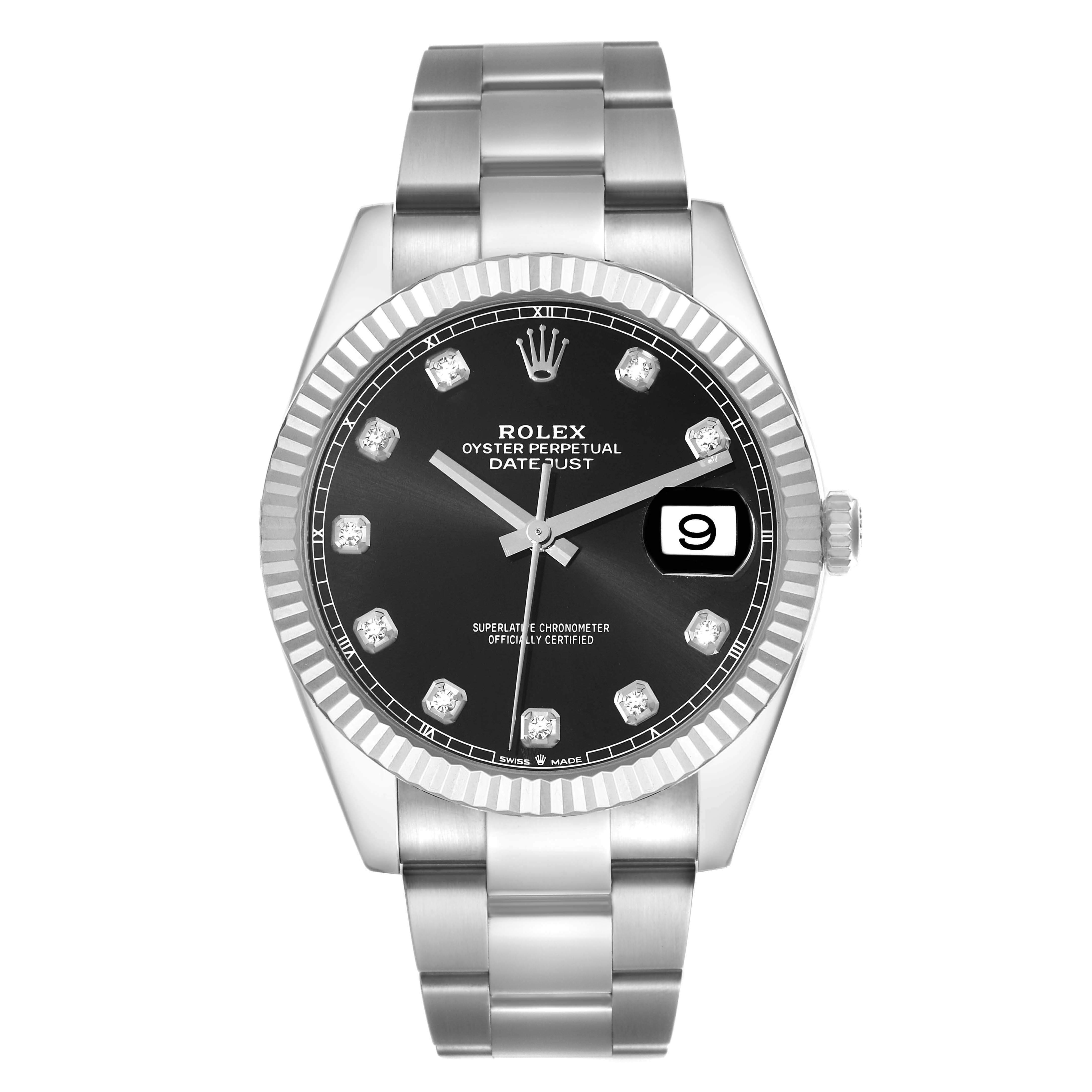 The image shows a front view of the Rolex Datejust 41, model 126334, displaying its black dial, fluted bezel, and stainless steel bracelet.