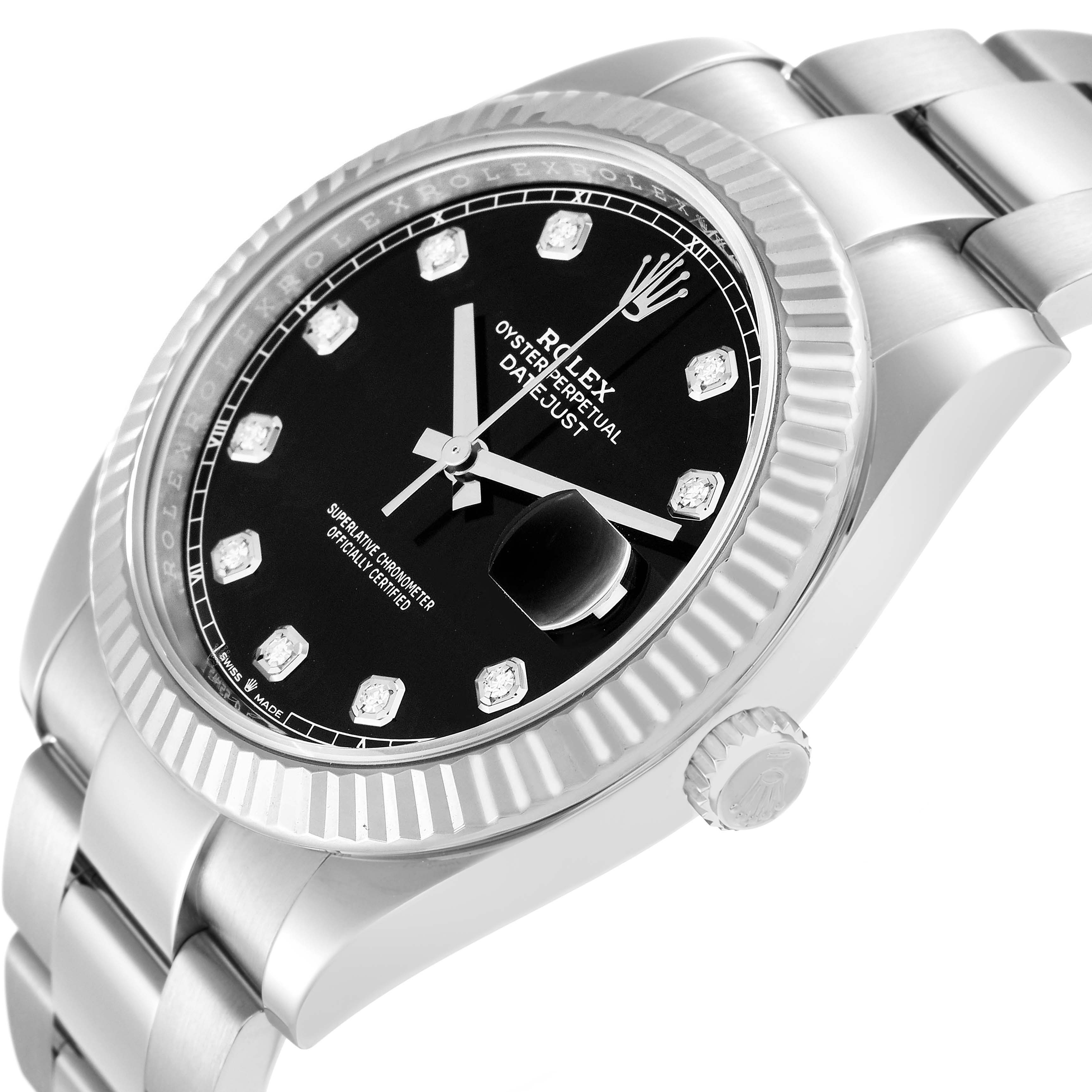 The image shows a Rolex Datejust 41 (model number 126334) at an angled view, highlighting the fluted bezel, black dial, diamond hour markers, and part of the bracelet.