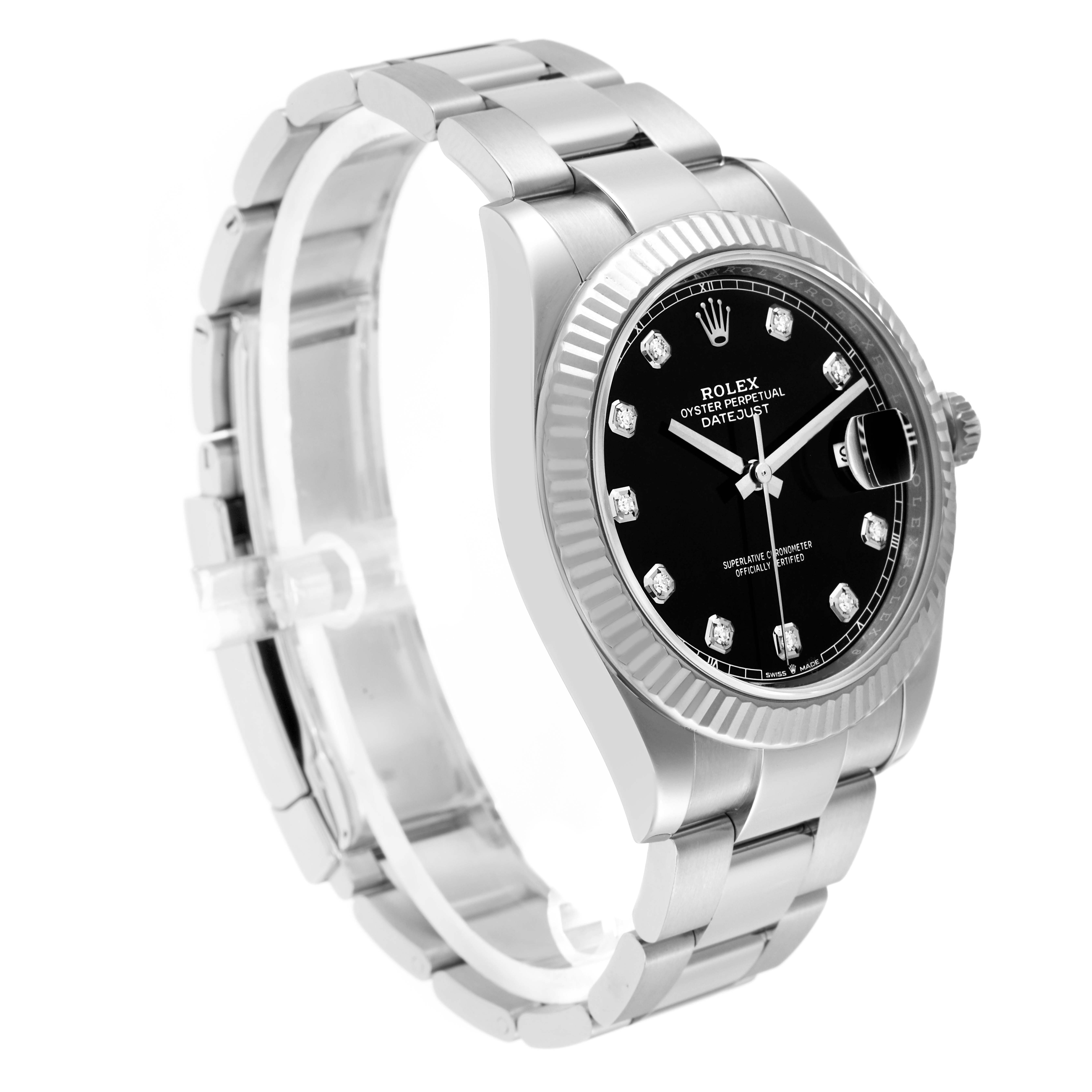 The image shows a Rolex Datejust 41, model number 126334, viewed at an angle displaying the case, bezel, and part of the bracelet.