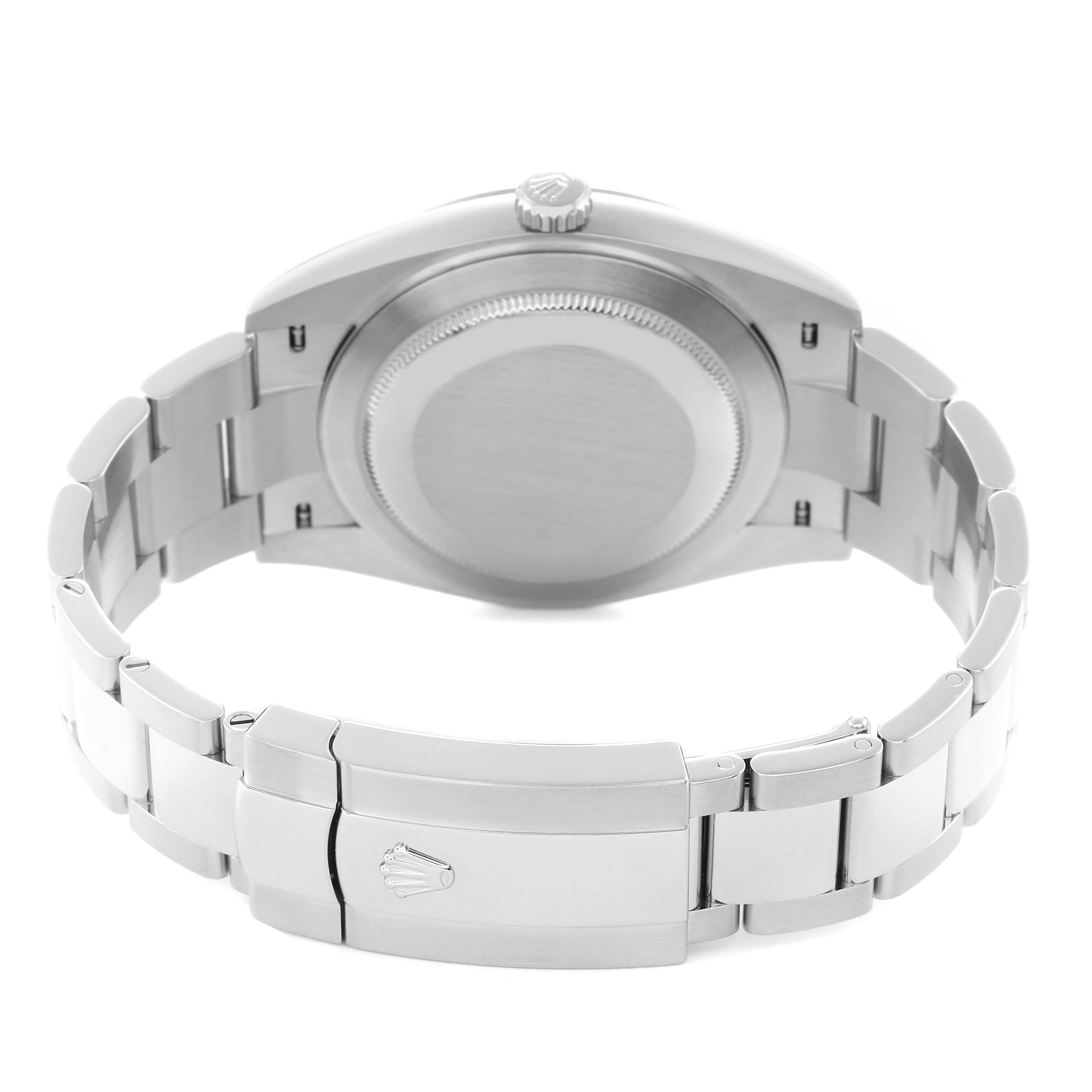 The image shows the back view of a Rolex Datejust 41 model 126334 watch, highlighting the case back, bracelet, and clasp.