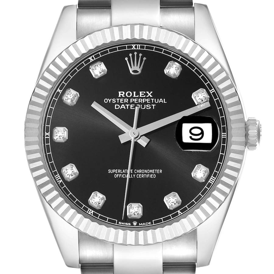The image shows a frontal view of the Rolex Datejust 41, model 126334, highlighting the black dial, diamond hour markers, fluted bezel, and date display.
