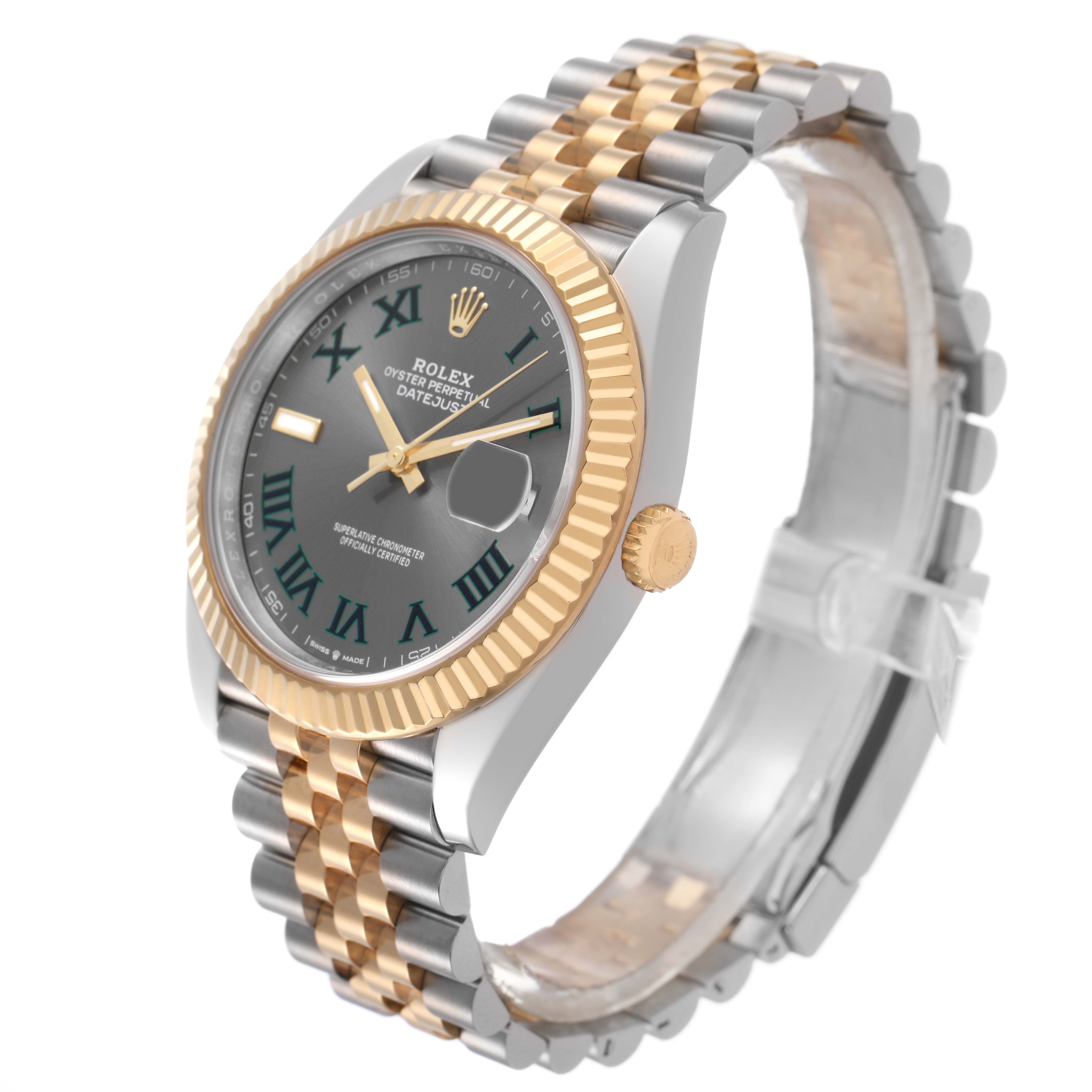 The Rolex Datejust 41 126333 Men's Steel and Gold (two tone) Grey Dial is shown at a three-quarter angle, displaying the face, bezel, crown, and two-tone Jubilee bracelet.