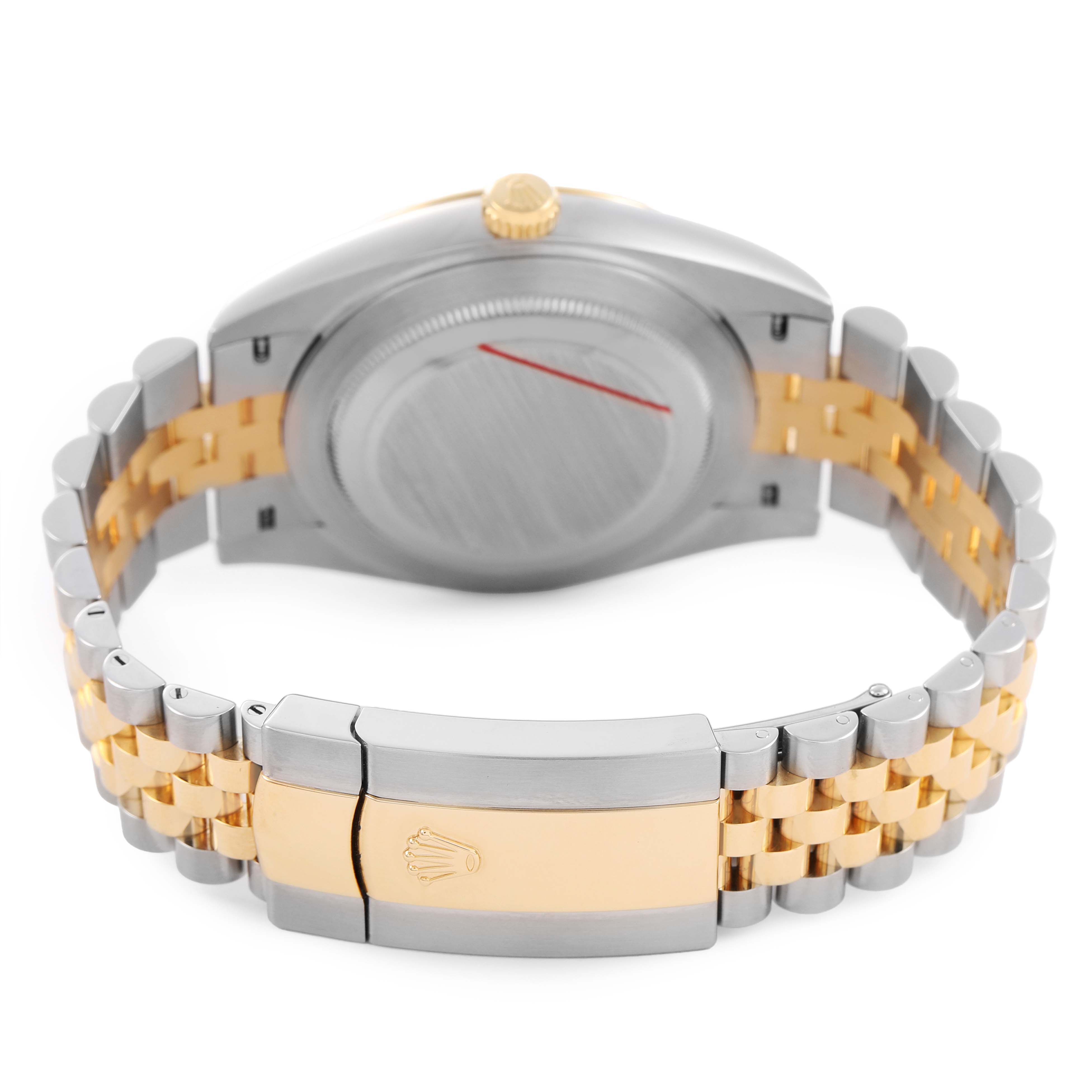The Rolex Datejust 41 126333 Men's Steel and Gold (two tone) Grey Dial is shown from the back, highlighting its case back, crown, and two-tone jubilee bracelet.