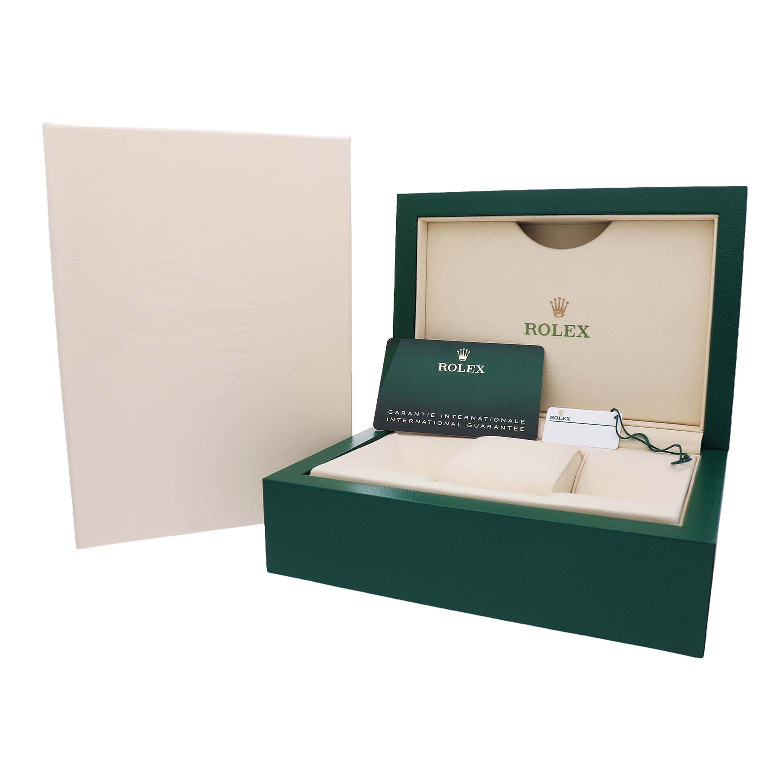 The image shows the Rolex Datejust 41 126333 Men's Steel and Gold (two tone) Grey Dial packaging, warranty card, and hang tag from a frontal angle.