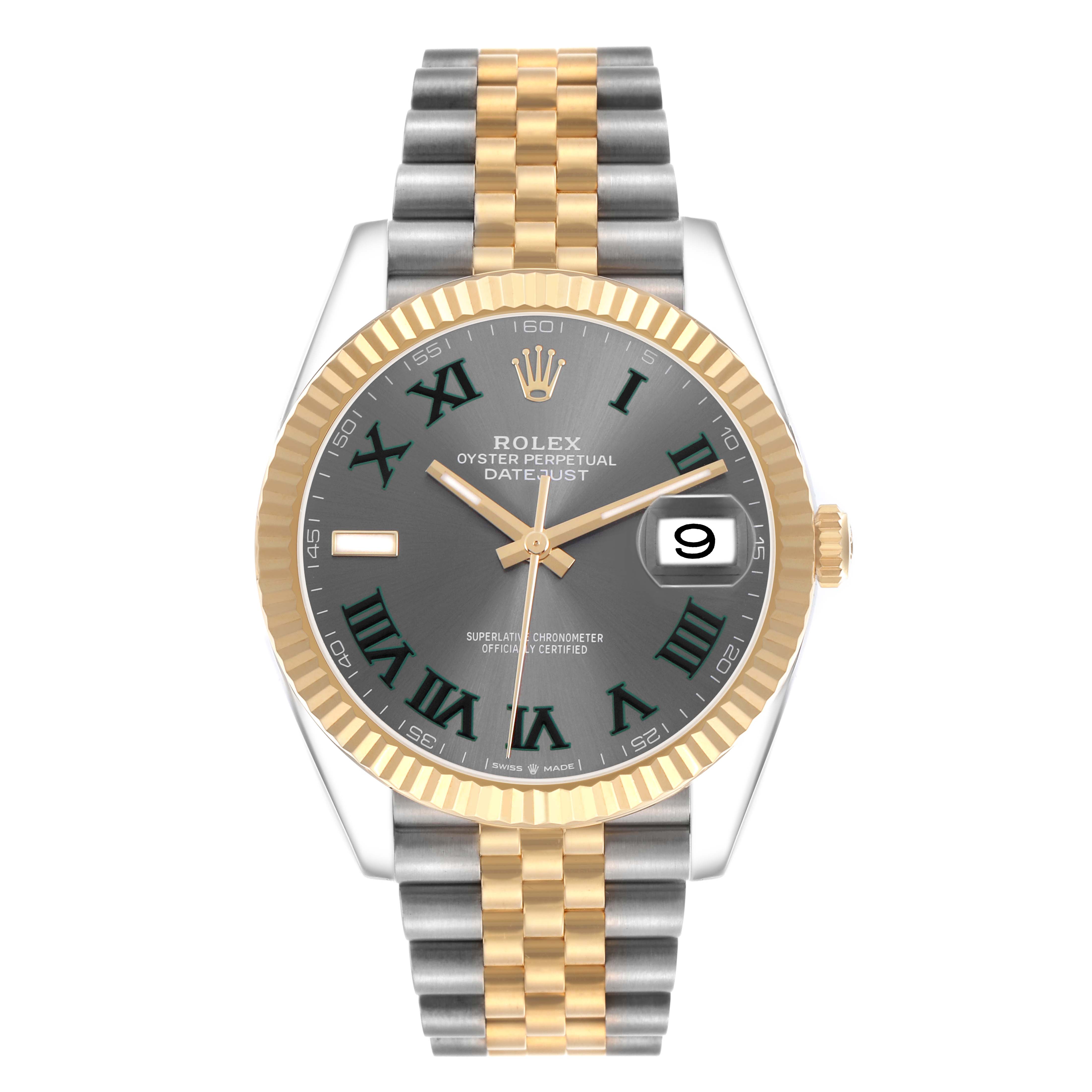 The Rolex Datejust 41 126333 Men's Steel and Gold (two tone) Grey Dial model is shown from a top view, highlighting the dial, bezel, and bracelet.