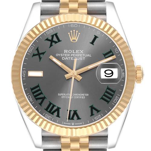 The Rolex Datejust 41 126333 Men's Steel and Gold (two tone) Grey Dial is shown from the front, highlighting the dial, bezel, and bracelet.