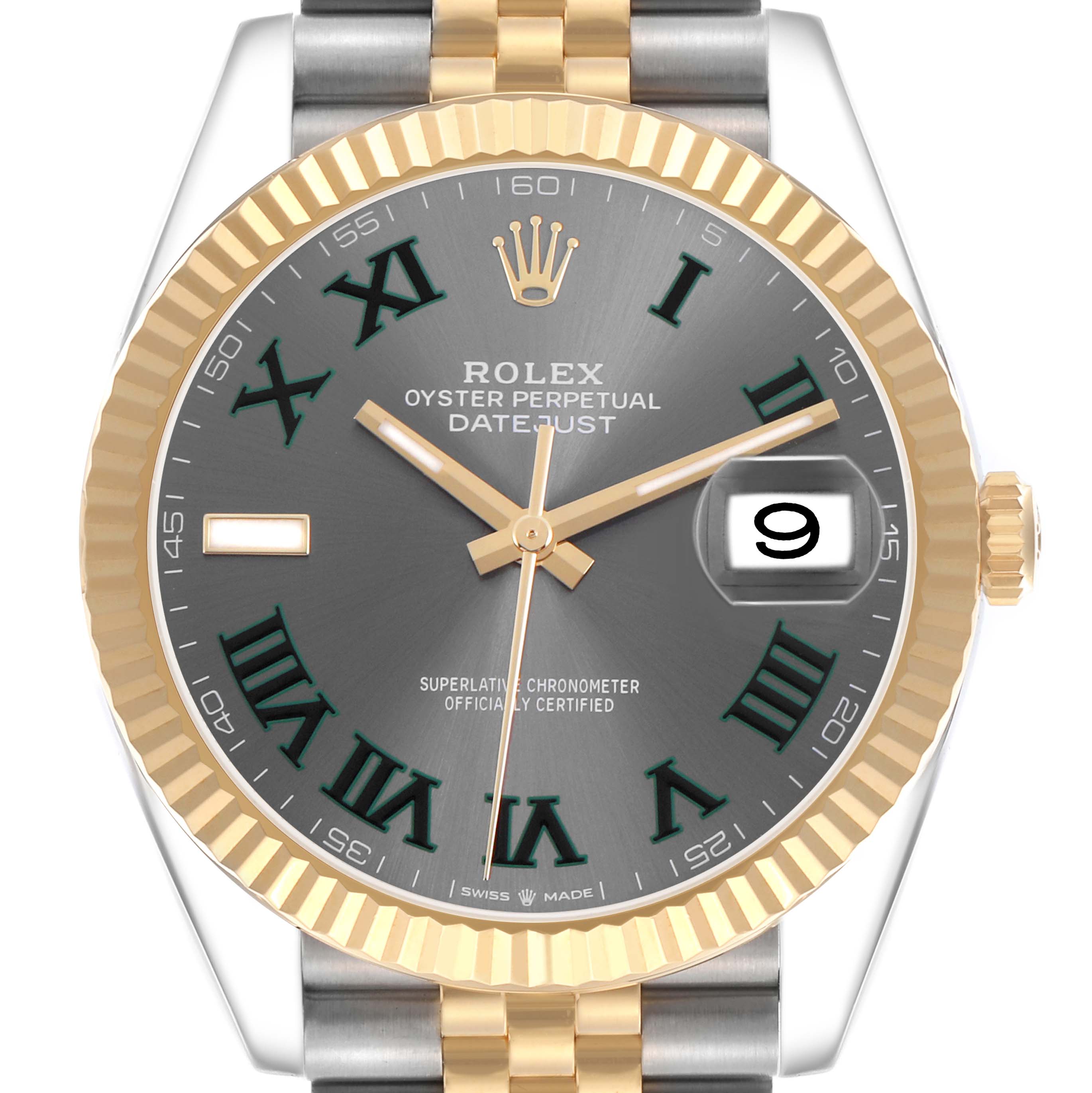 The Rolex Datejust 41 126333 Men's Steel and Gold (two tone) Grey Dial watch is shown from the front, highlighting the dial, bezel, hands, and bracelet.