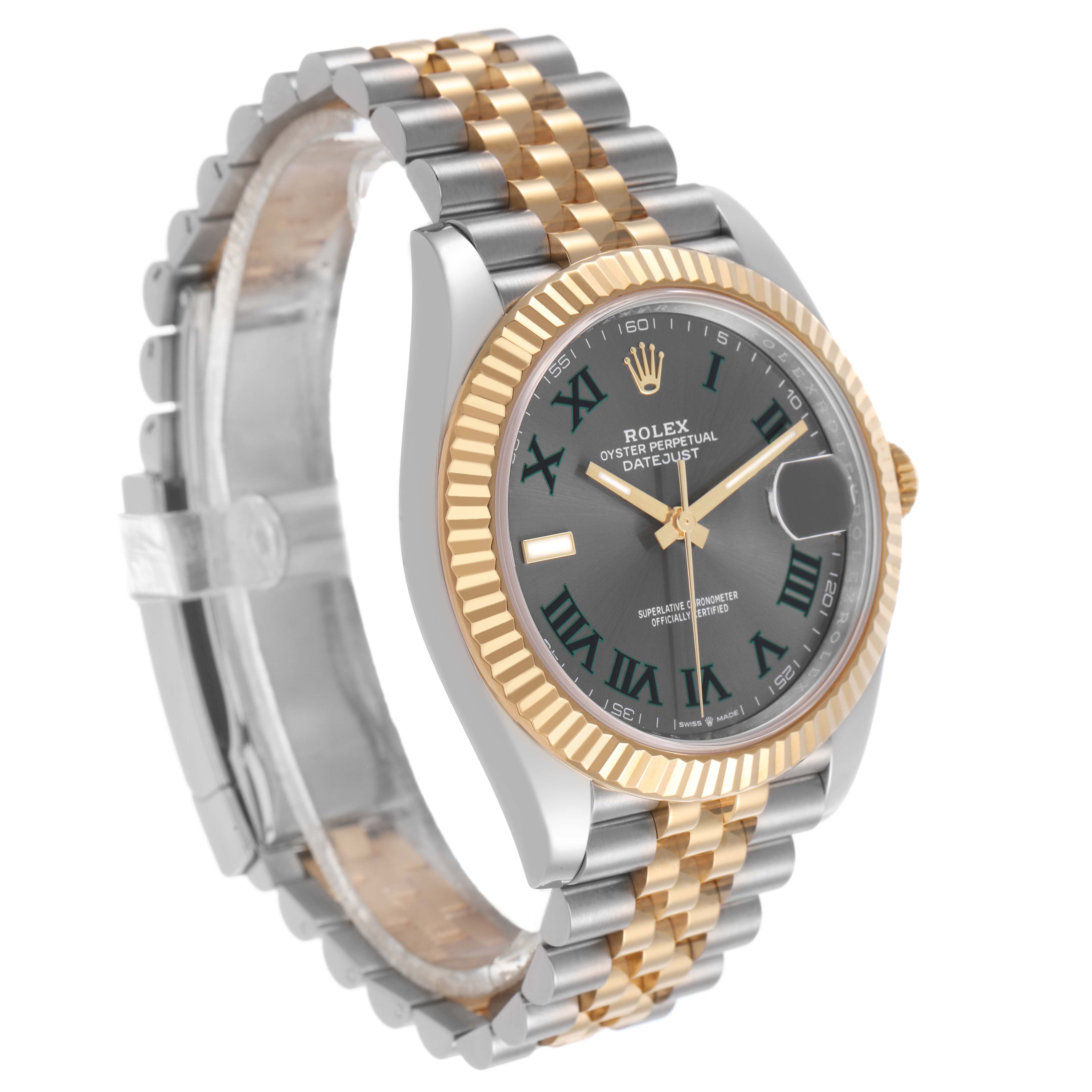 The Rolex Datejust 41 126333 Men's Steel and Gold (two tone) Grey Dial is shown at a three-quarter angle, highlighting the dial, bezel, and bracelet.