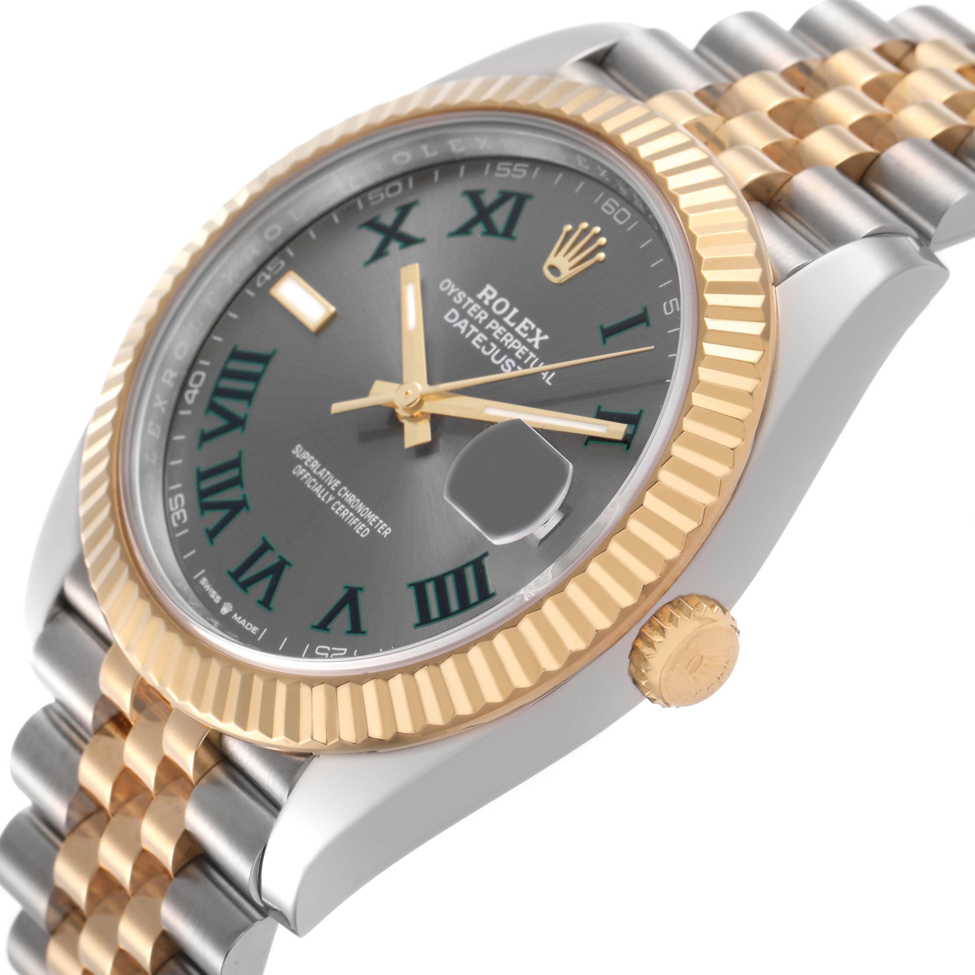 The Rolex Datejust 41 126333 Men's Steel and Gold (two tone) Grey Dial watch is shown at a slight angle, highlighting its gold fluted bezel, jubilee bracelet, and dial with Roman numerals.