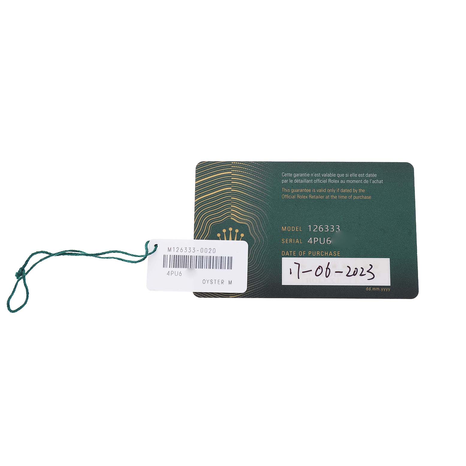 The image shows a Rolex Datejust 41 126333 Men's Steel and Gold (two tone) Grey Dial model warranty card with a serial tag attached by a green string.