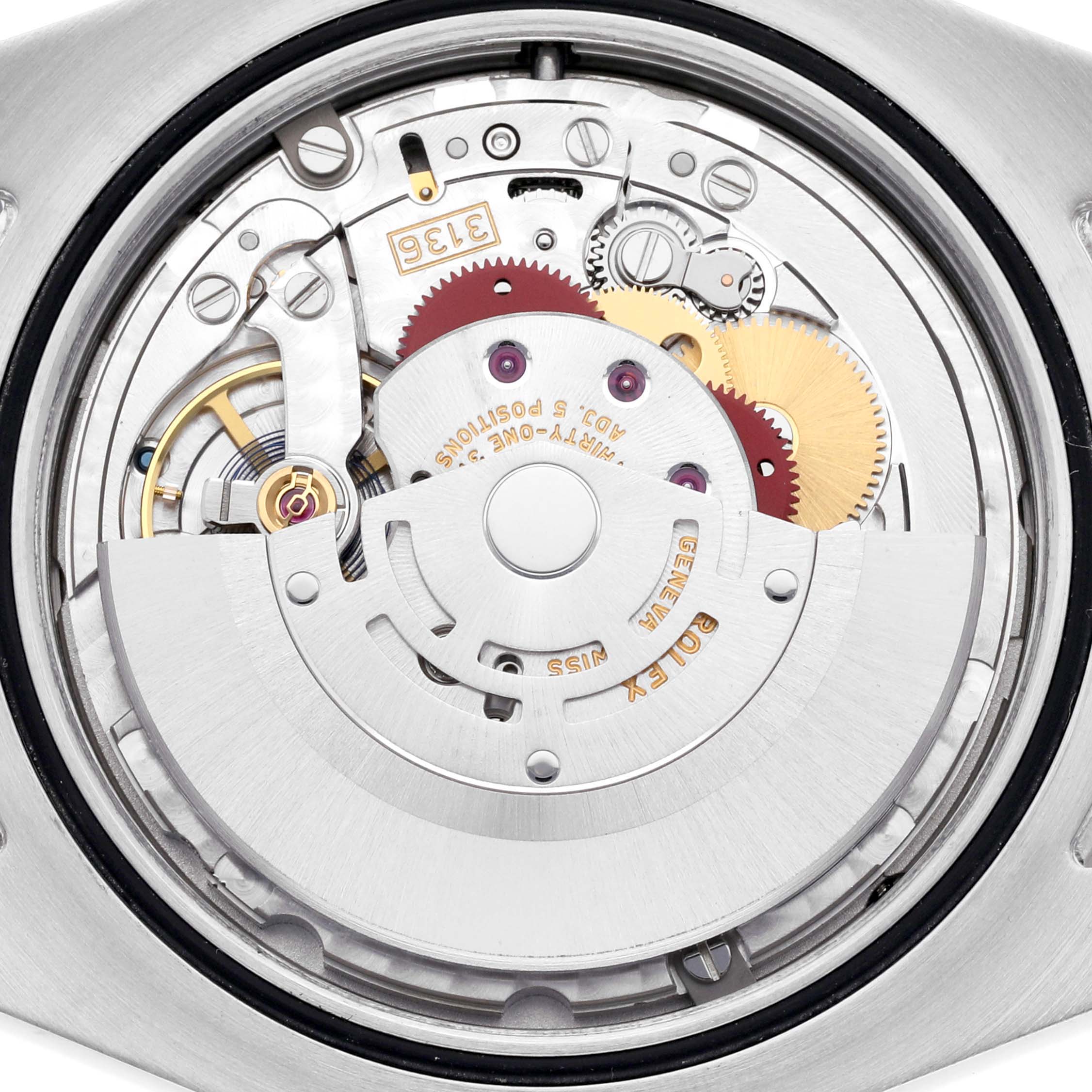 The image shows the movement of a Rolex Datejust 41, model number 116334, viewed from the back with intricate gears and the rotor visible.