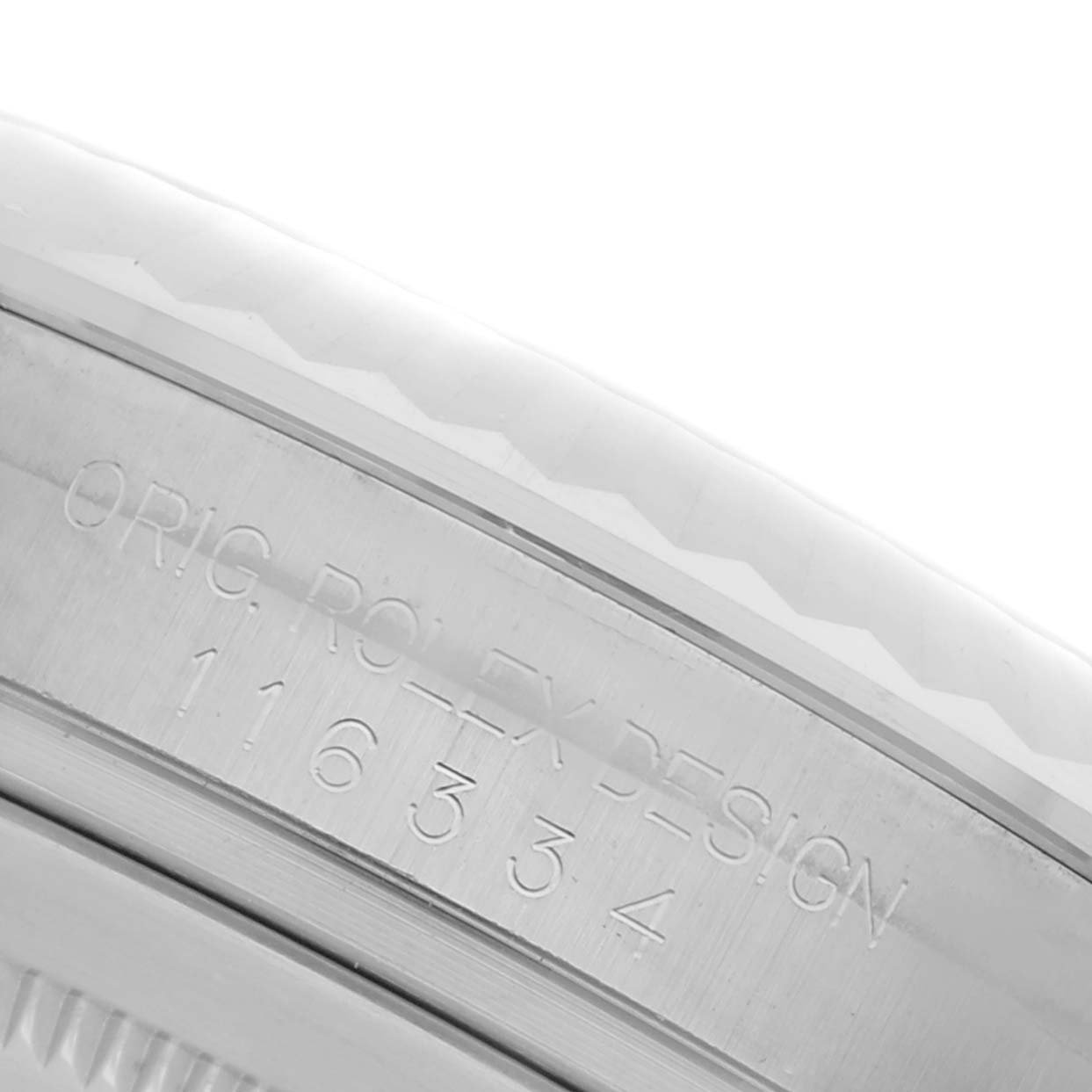 The image shows a close-up of the side of the bezel on a Rolex Datejust 41, model number 116334, with engraved text detailing its design Best Quality
ity.