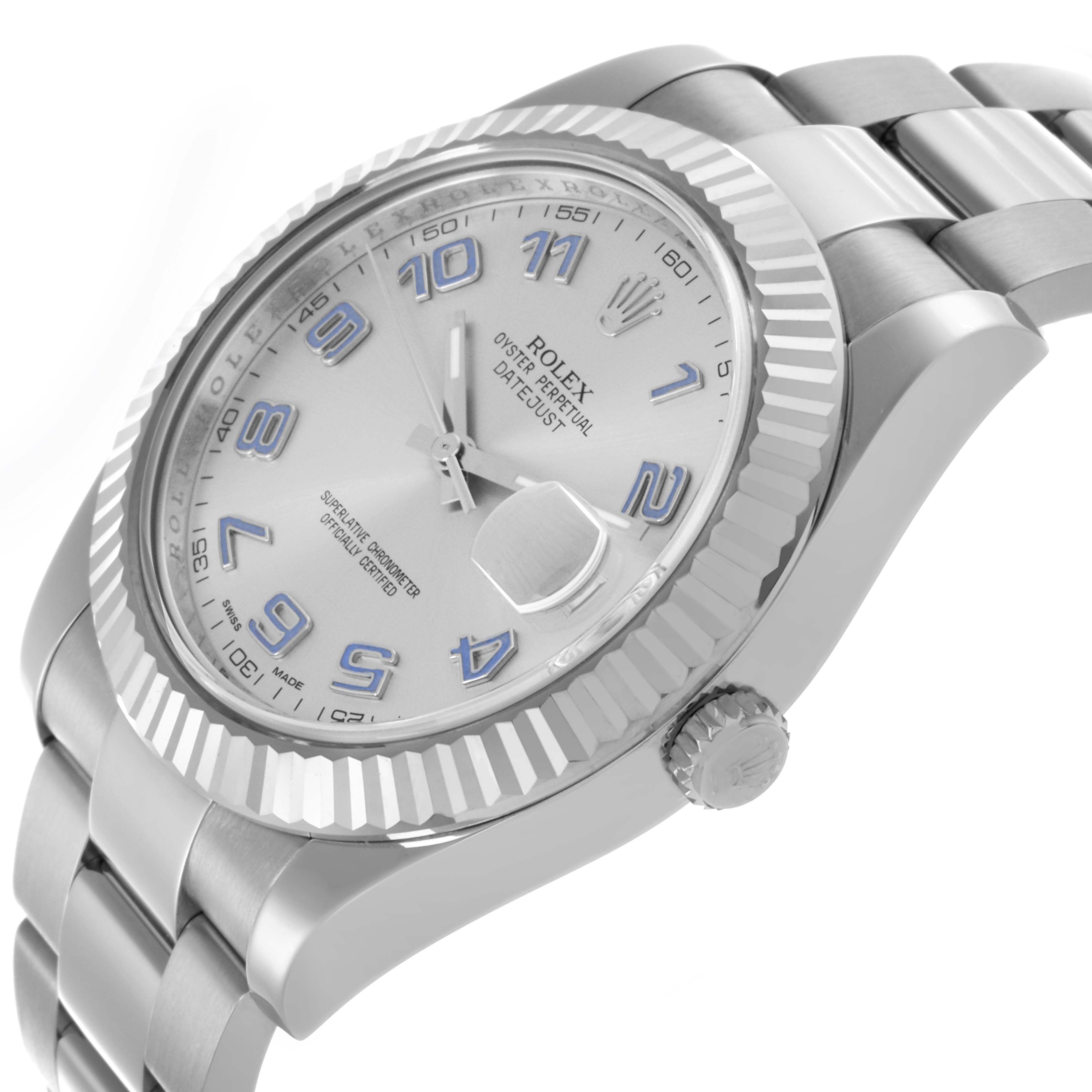 The Rolex Datejust 41 model 116334 watch is shown at an angled side view, highlighting the case, dial, bezel, crown, and part of the bracelet.