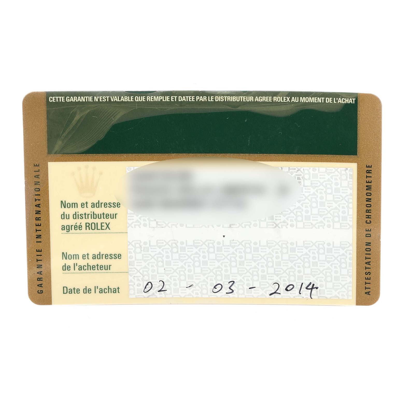 The image shows a warranty card for the Rolex Datejust 41, model number 116334, featuring purchase information and branding details.