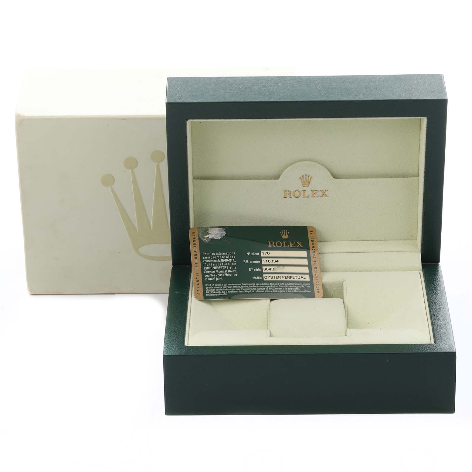 The image shows the open box of a Rolex Datejust 41 model number 116334, displaying its inside cushioning and a warranty card.