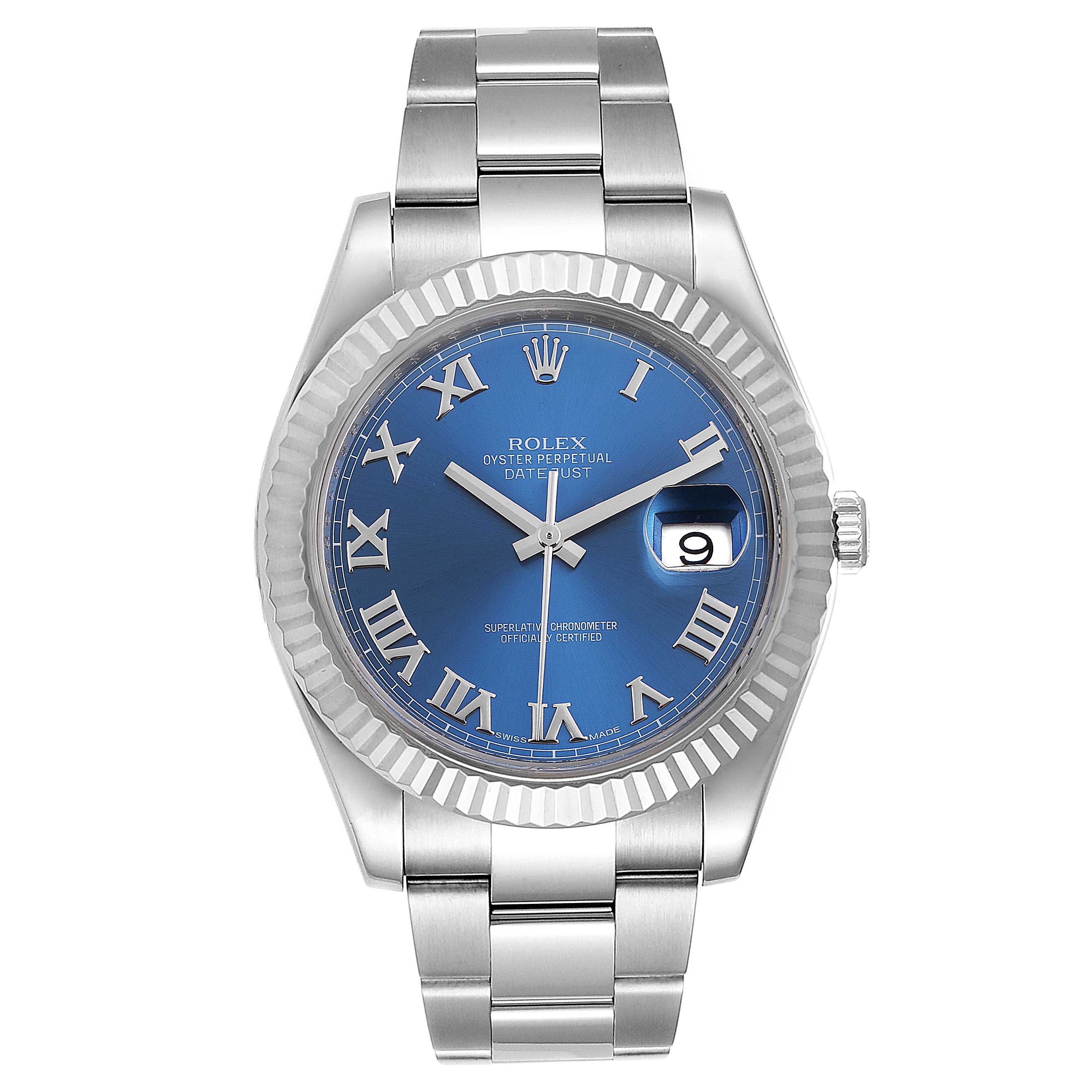 This image shows a front view of a Rolex Datejust 41 116334 Men's Stainless Steel Blue Dial 116334 Men's Stainless Steel Blue Dial watch with a blue dial, Roman numeral markers, and an Oyster bracelet.