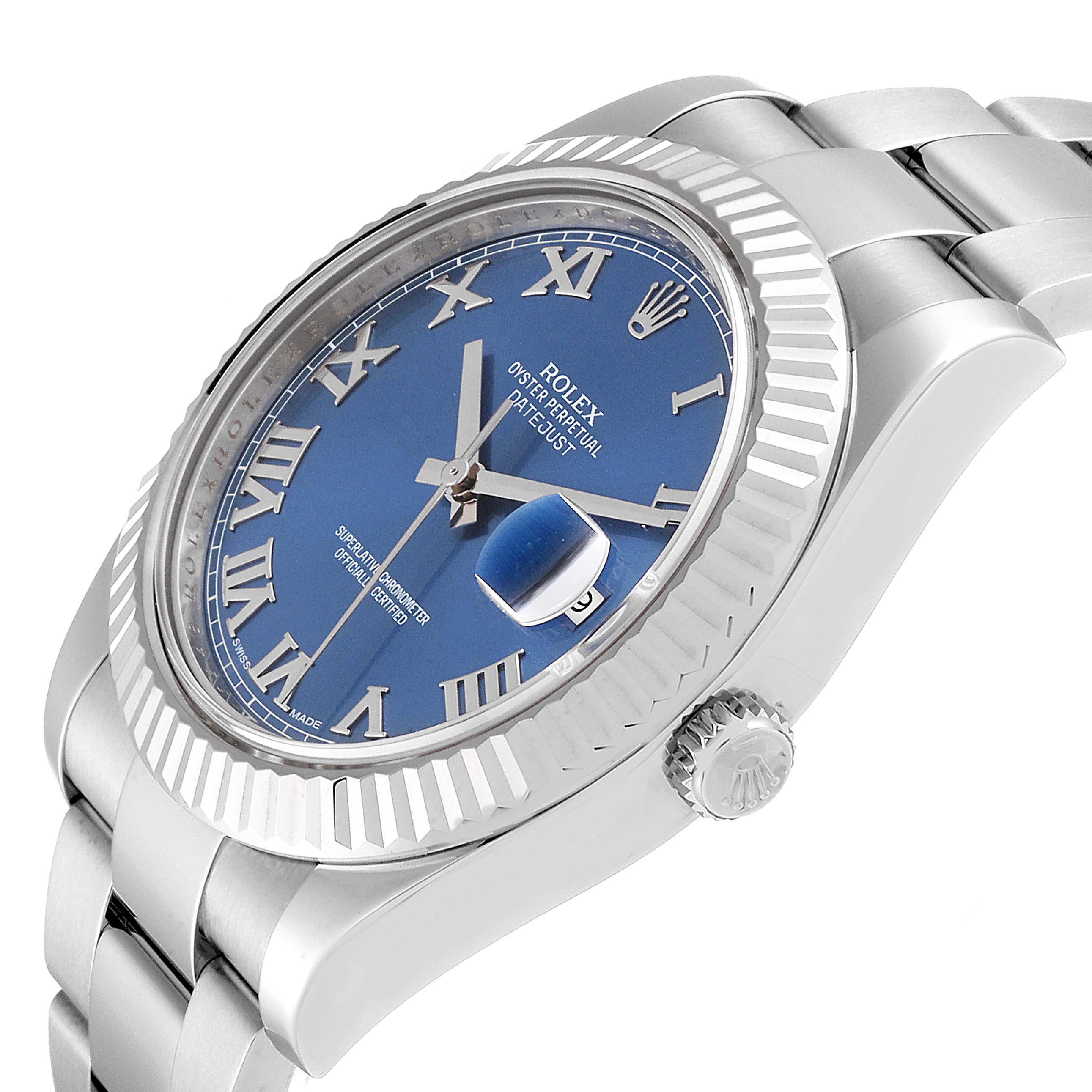 The image shows a close-up angled view of a Rolex Datejust 41 116334 Men's Stainless Steel Blue Dial 116334 Men's Stainless Steel Blue Dial watch displaying the crown, bezel, and part of the bracelet.