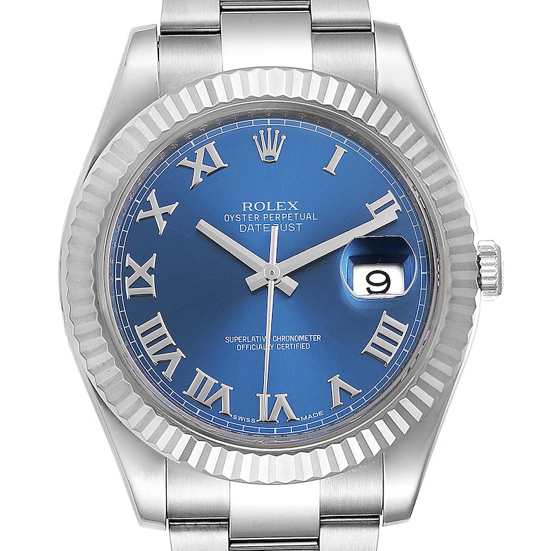 Rolex Datejust II Blue Roman Dial Fluted Bezel Watch 116334 Box Card SwissWatchExpo