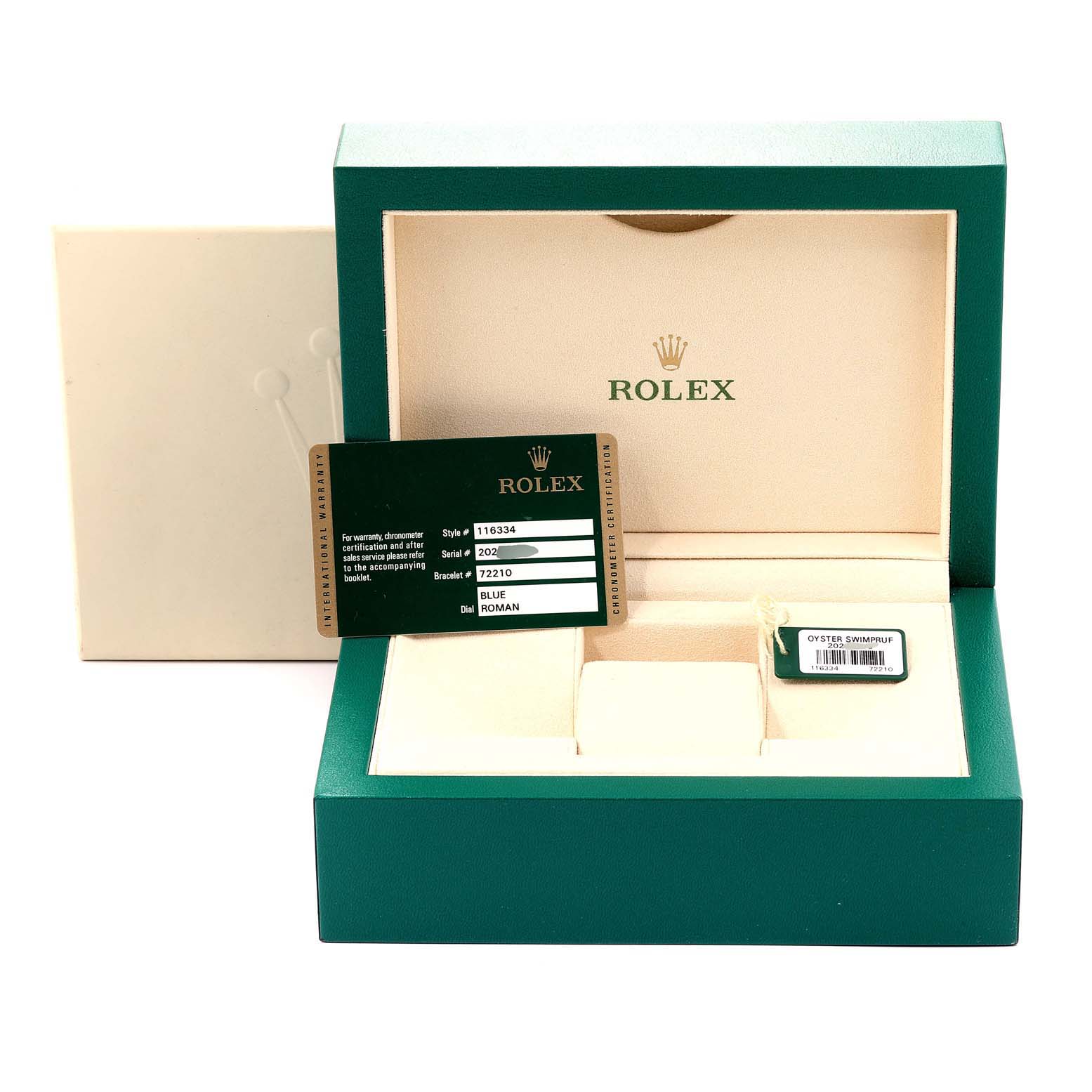 This image shows the packaging and warranty card for a Rolex Datejust 41 116334 Men's Stainless Steel Blue Dial 116334 Men's Stainless Steel Blue Dial, but not the watch itself.