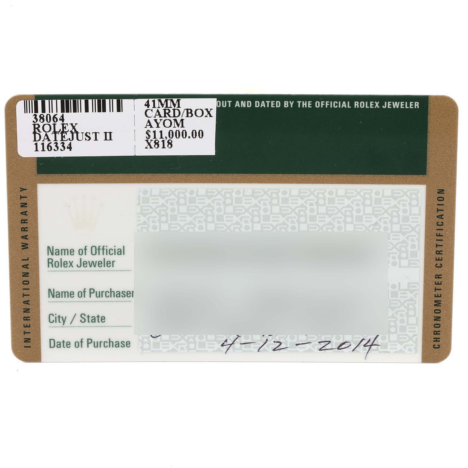 The image shows the warranty card for a Rolex Datejust 41 116334 Men's Stainless Steel Blue Dial 116334 Men's Stainless Steel Blue Dial model.