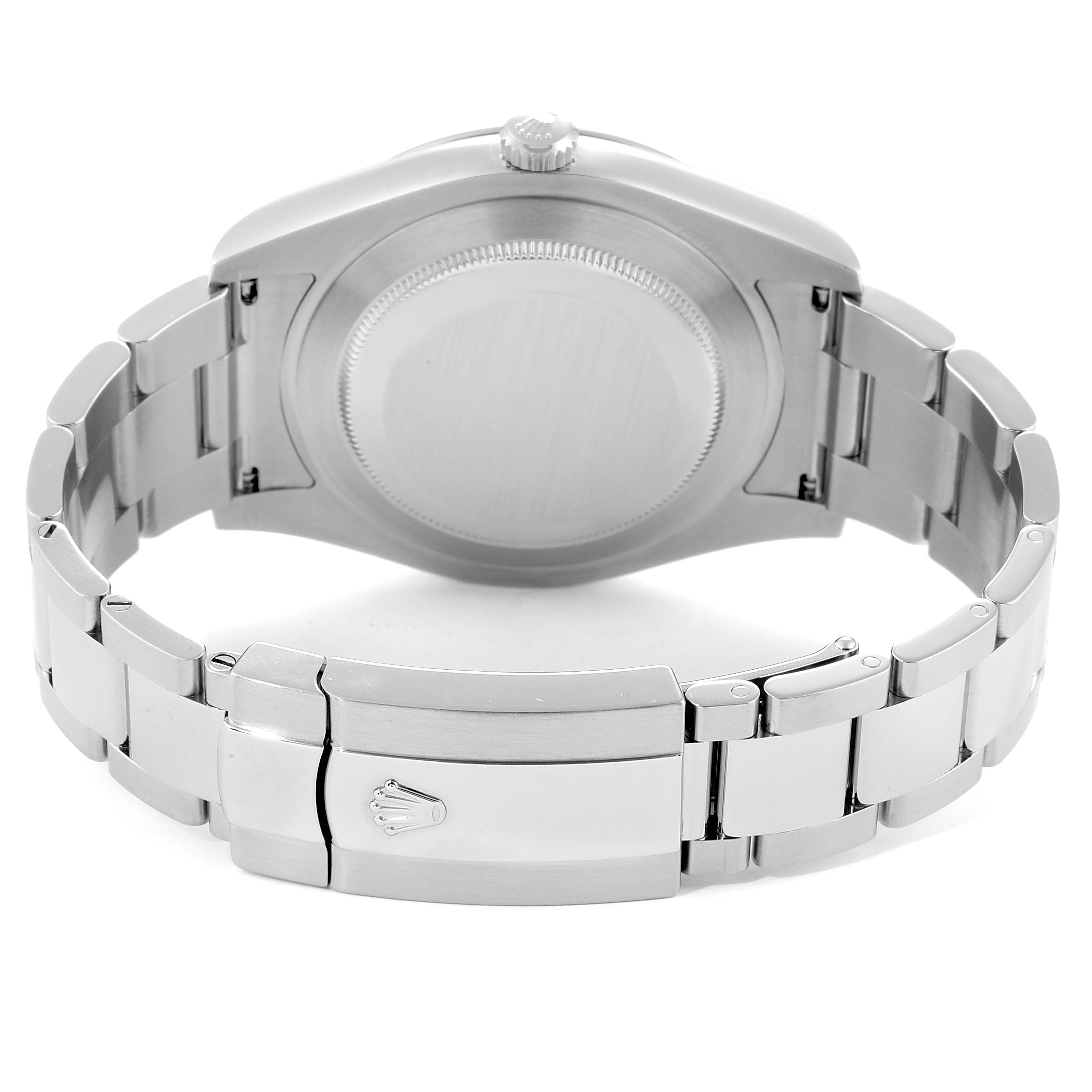 This image shows the back case and metal bracelet clasp of a Rolex Datejust 41 116334 Men's Stainless Steel Blue Dial 116334 Men's Stainless Steel Blue Dial model.