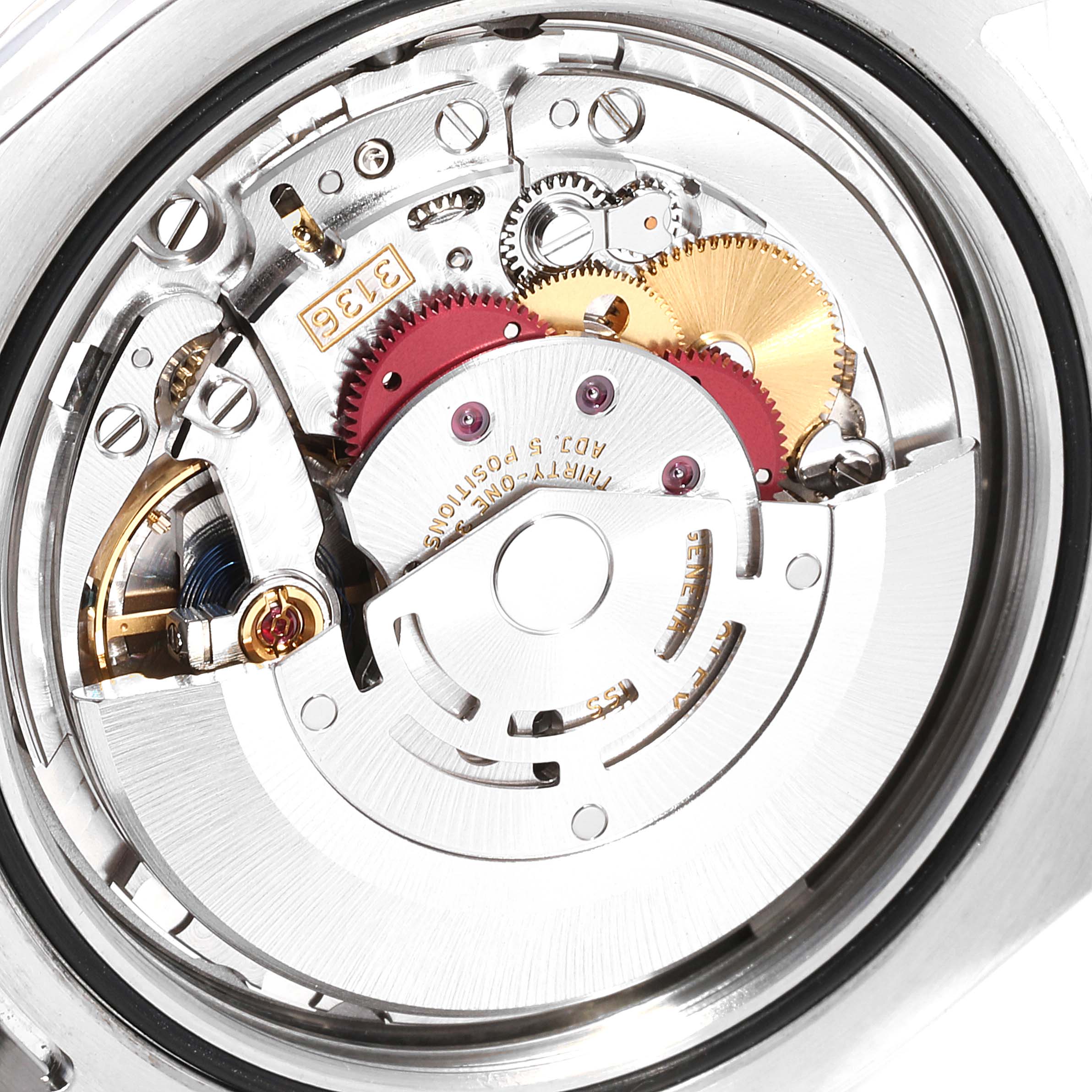 This image shows the internal mechanism (movement) of a Rolex Datejust 41 116334 Men's Stainless Steel Blue Dial 116334 Men's Stainless Steel Blue Dial watch from a close-up, top-down angle.