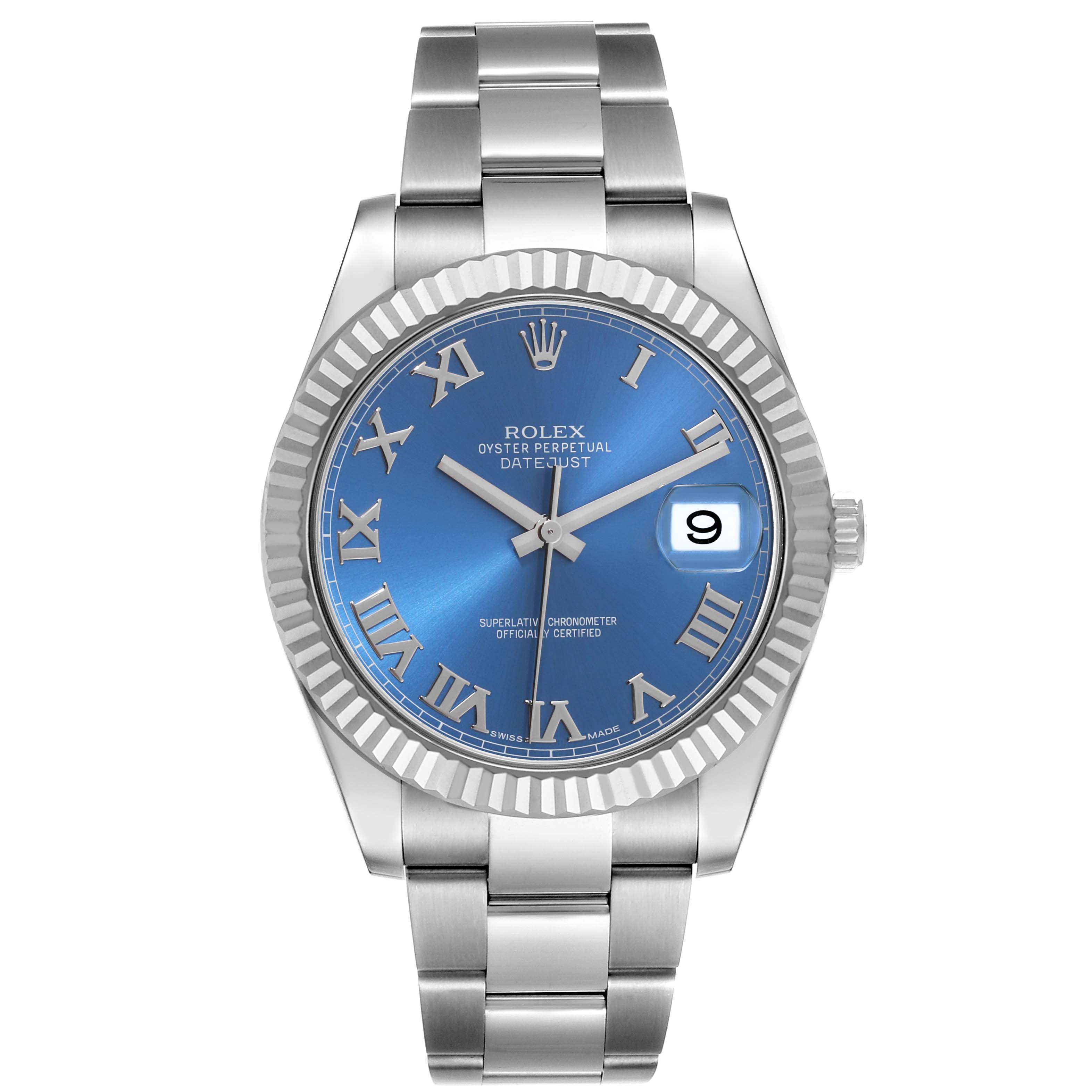 The image shows a front view of the Rolex Datejust 41 116334 Men
s Stainless Steel Blue Dial 116334 Men
s Stainless Steel Blue Dial watch, highlighting its blue dial, fluted bezel, and oyster bracelet.