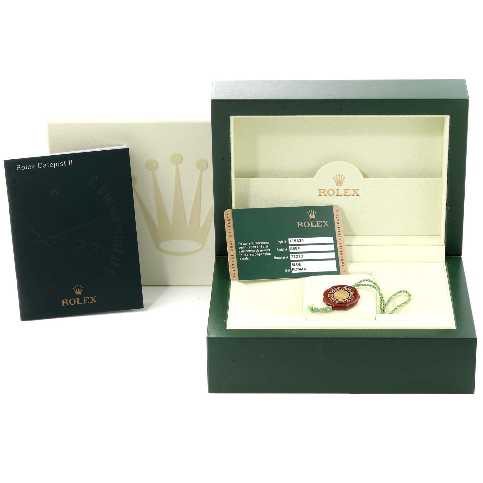 The image shows the packaging, warranty card, manual, and accessories for the Rolex Datejust 41 116334 Men
s Stainless Steel Blue Dial 116334 Men
s Stainless Steel Blue Dial model.