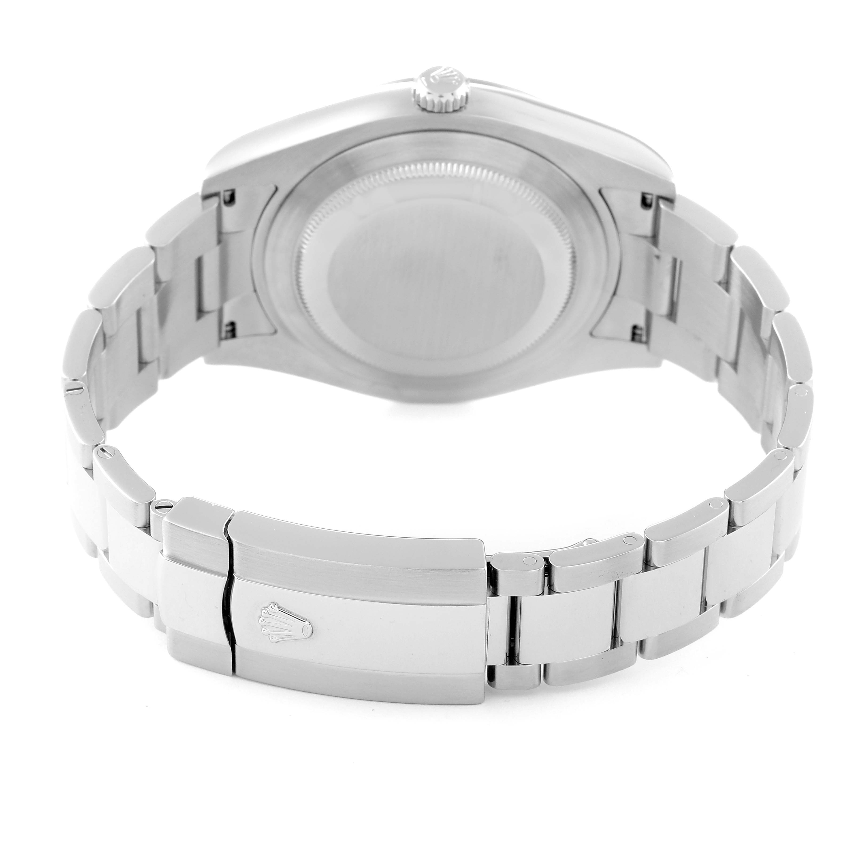 The image displays the back view of a Rolex Datejust 41 116334 Men
s Stainless Steel Blue Dial 116334 Men
s Stainless Steel Blue Dial watch, highlighting the case back, bracelet, and clasp.