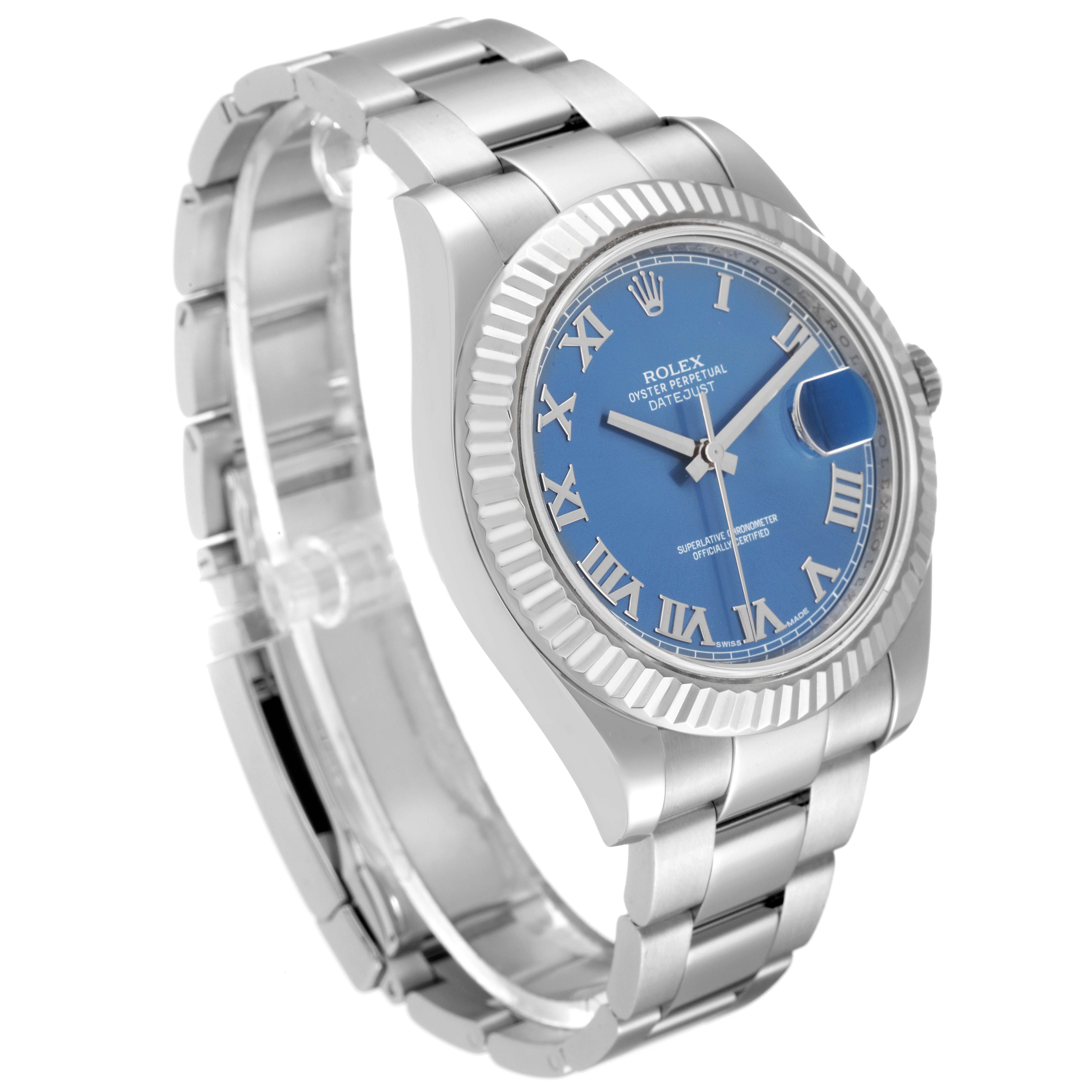 The Rolex Datejust 41 116334 Men
s Stainless Steel Blue Dial 116334 Men
s Stainless Steel Blue Dial watch is shown at a three-quarter angle, highlighting the face, bezel, and bracelet.