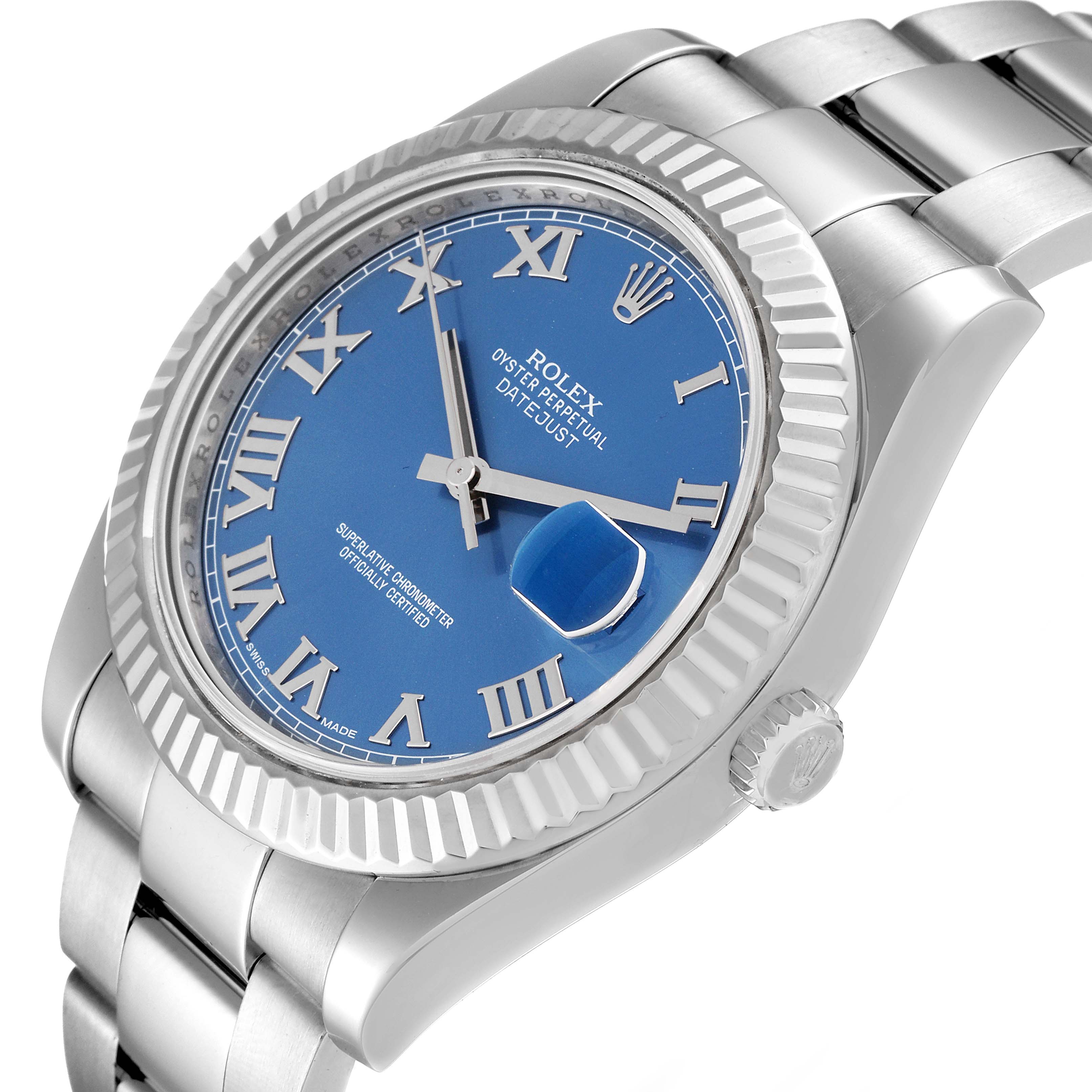 The Rolex Datejust 41 116334 Men
s Stainless Steel Blue Dial 116334 Men
s Stainless Steel Blue Dial watch is shown at a three-quarter angle, highlighting its blue dial, Roman numerals, and fluted bezel.