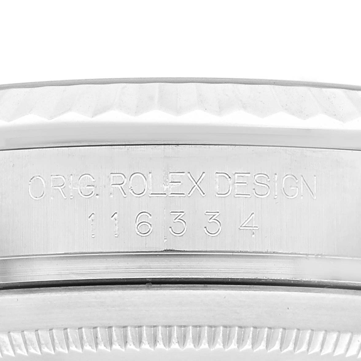 This image shows a close-up of the engraved side of the case of the Rolex Datejust 41 116334 Men
s Stainless Steel Blue Dial 116334 Men
s Stainless Steel Blue Dial model.